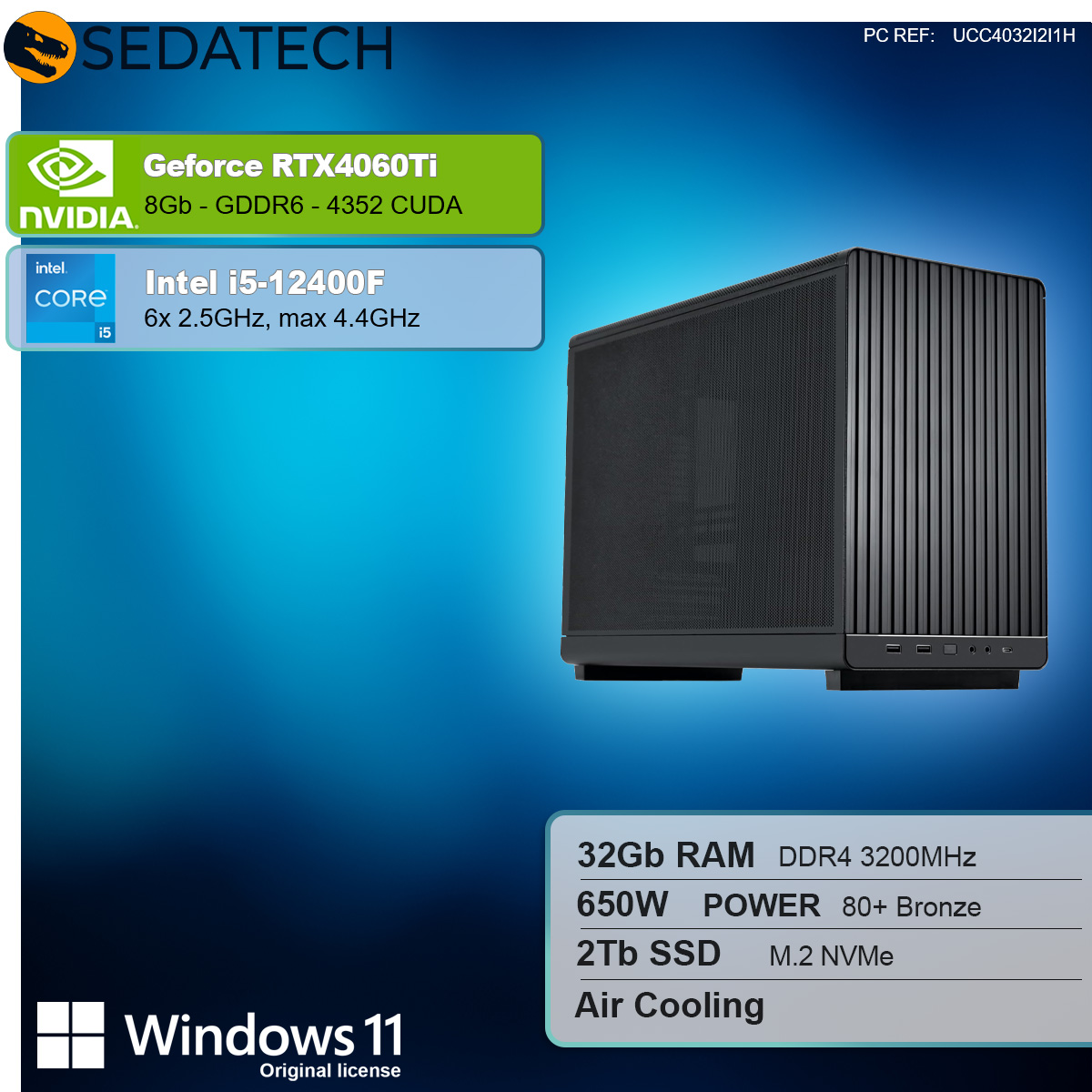 Un case per computer nero con adesivi Nvidia Geforce e Intel Core e altre specifiche.