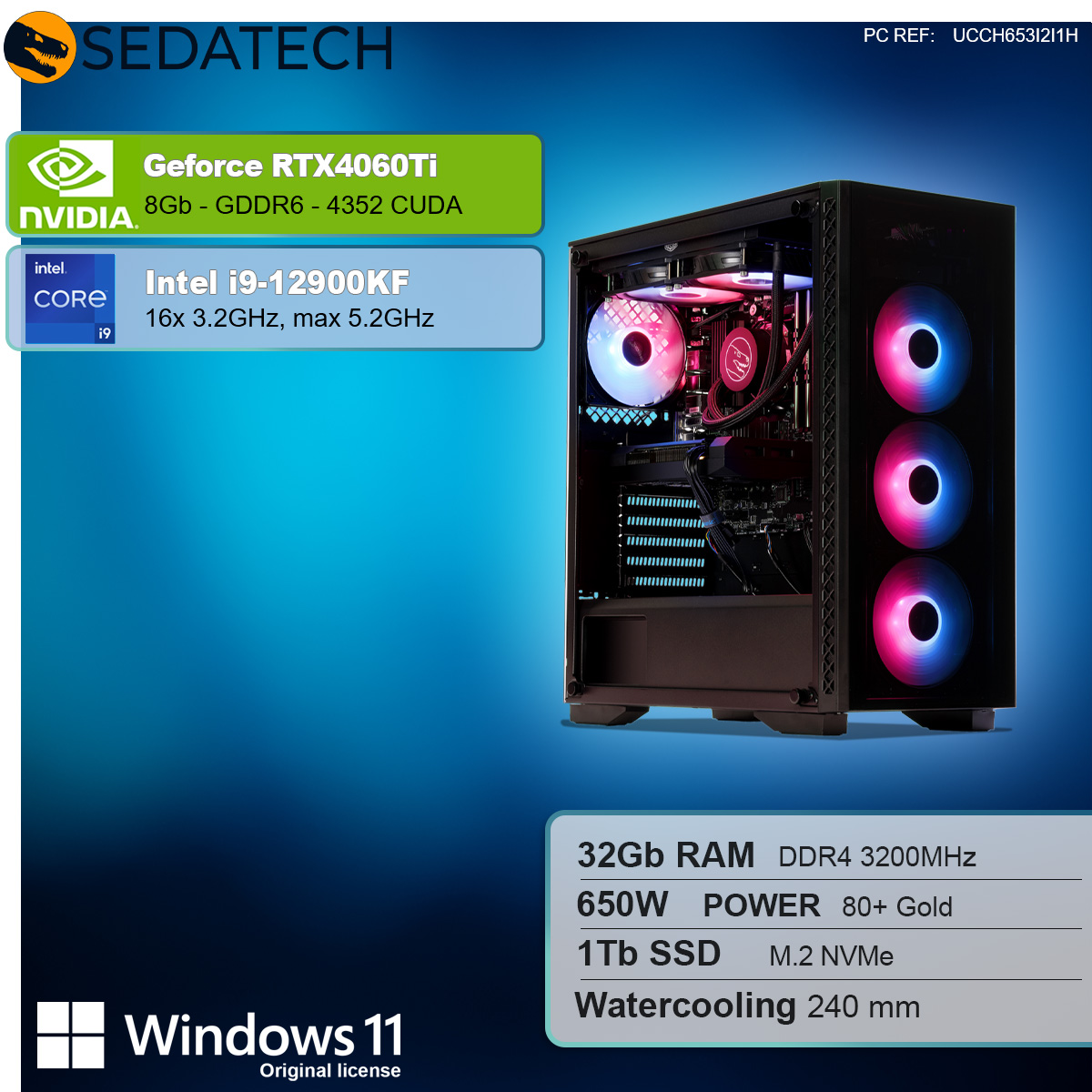 Komputer do gier z kartą graficzną Nvidia GeForce RTX i procesorem Intel i9.