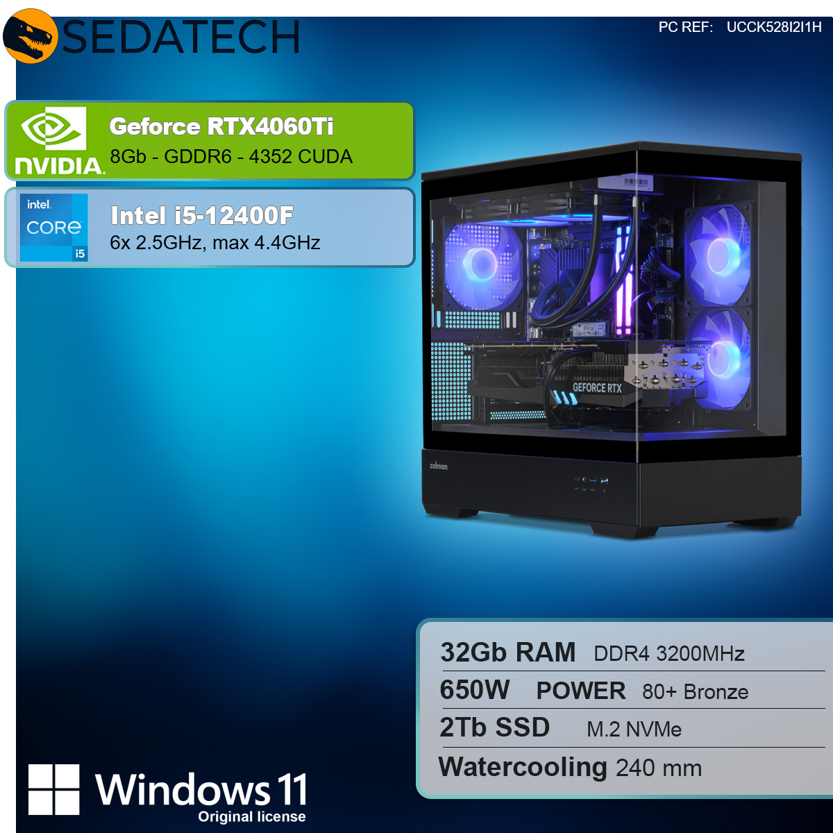 Czarny komputer z komponentami, specyfikacjami i logo Windows, w szklanej obudowie.