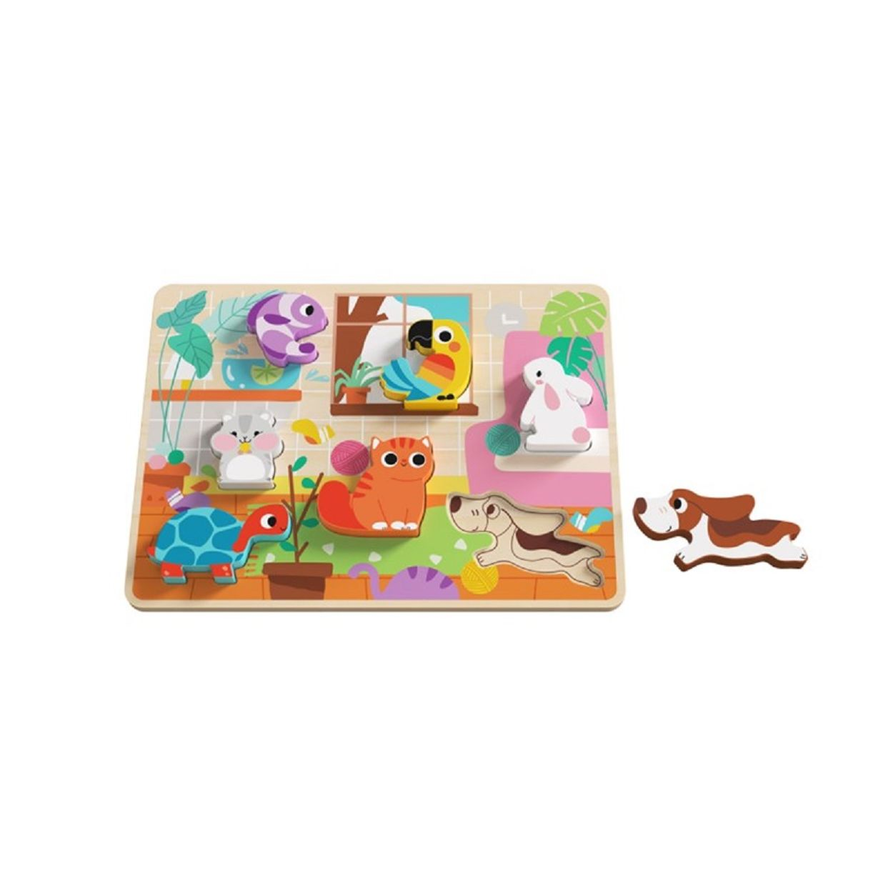 Holzpuzzle mit Tierformen. Enthält Hund, Katze, Papagei, Schildkröte, Maus, Kaninchen und Fisch.