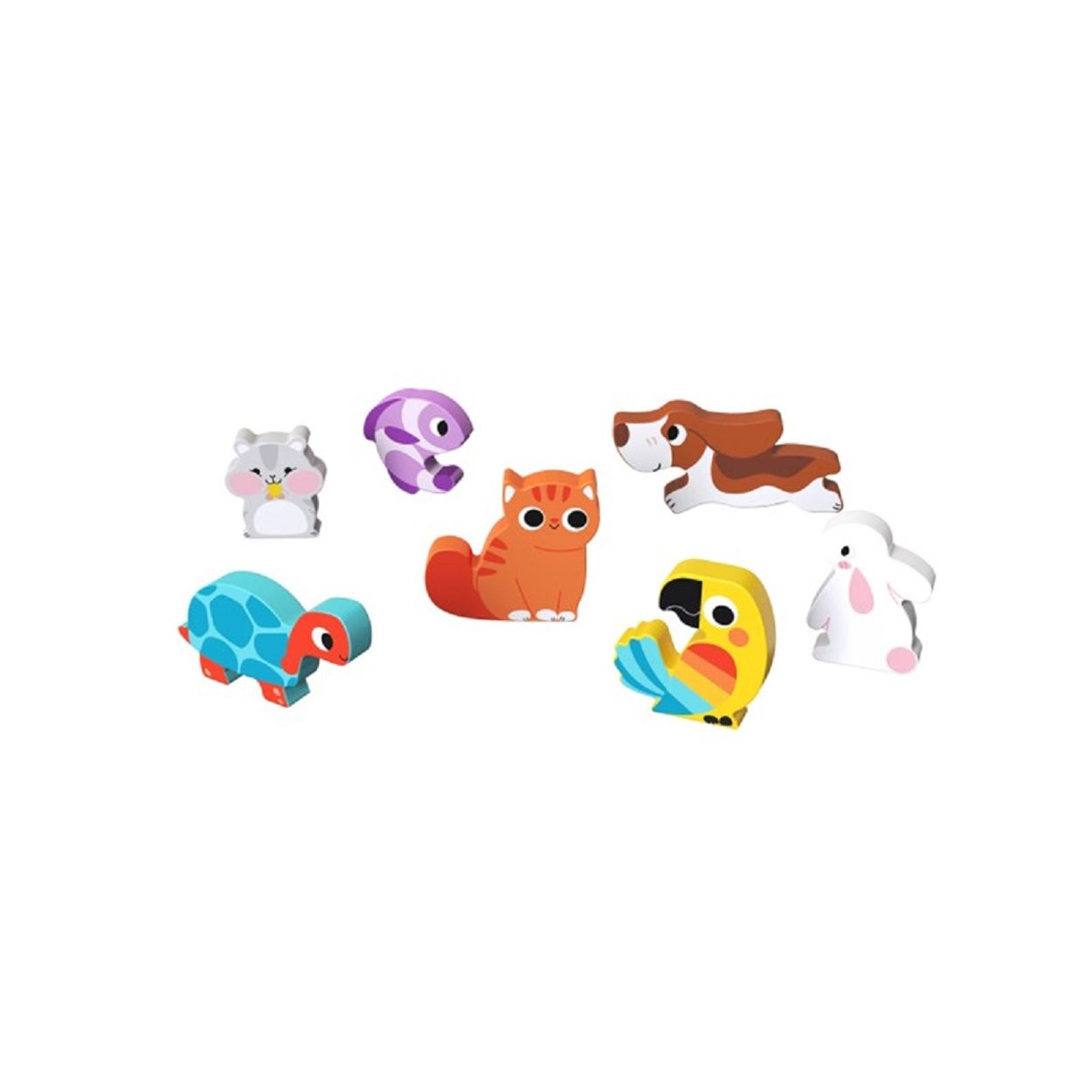 Hölzerne Spielzeugtiere: Hamster, Katze, Hund, Papagei, Schildkröte, Kaninchen und ein lila Wesen.