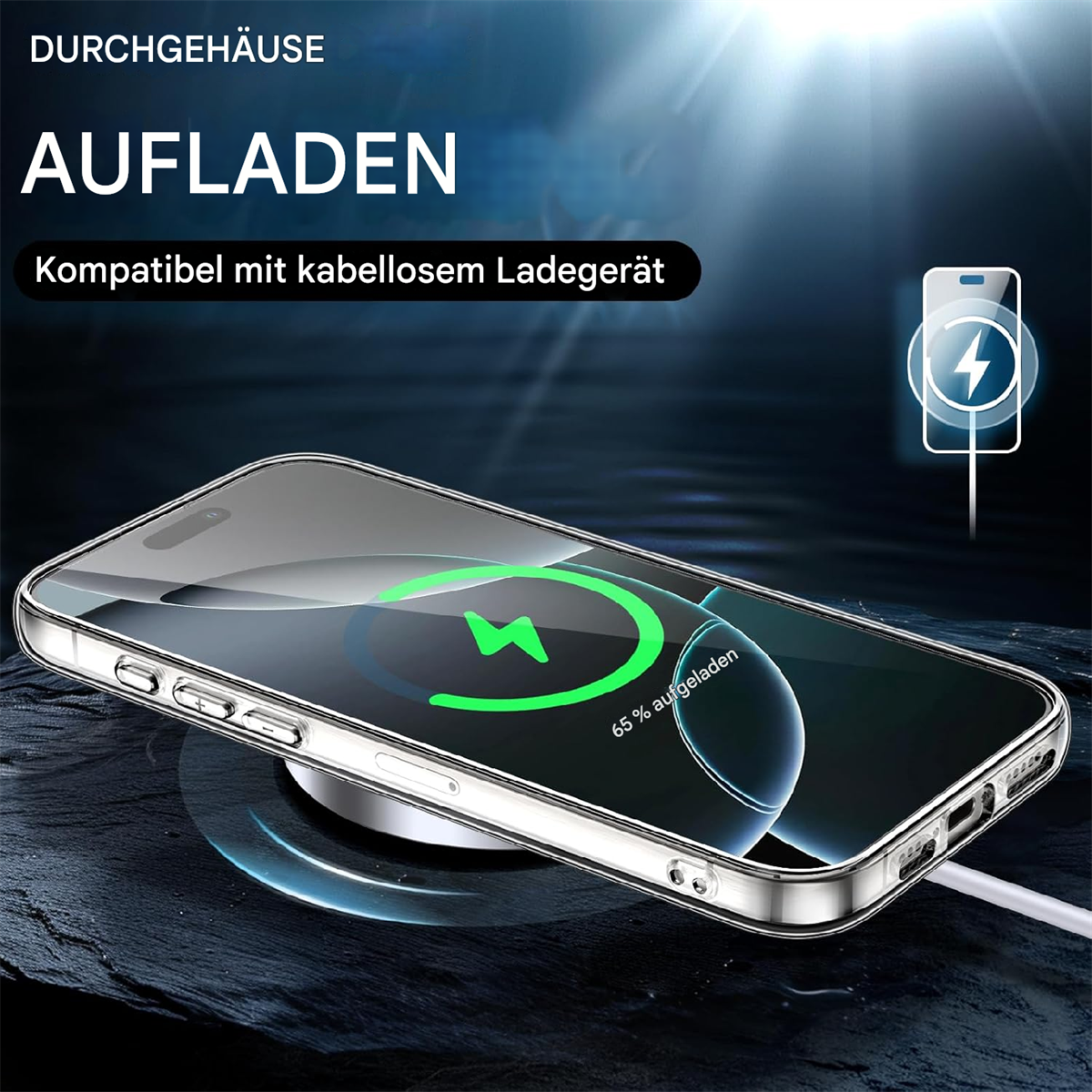 Telefon auf Ladepad, transparente Hülle, grüne Ladeanzeige, Text und Hintergrund.