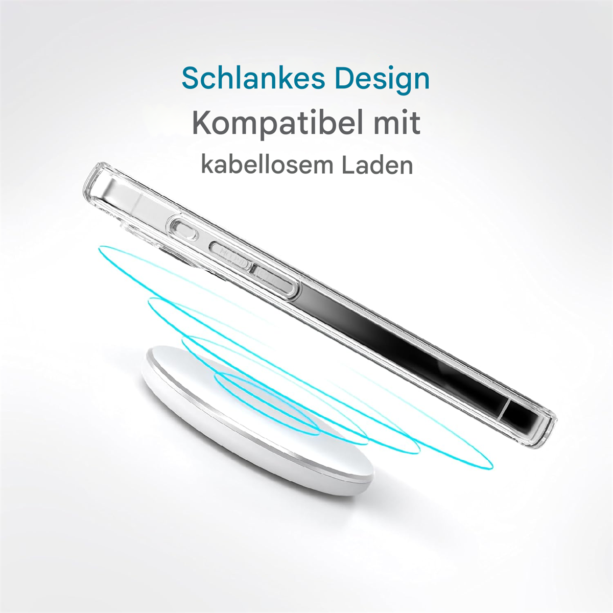 Eine Handyhülle neben einem Ladepad. Der Hintergrund ist weiß.