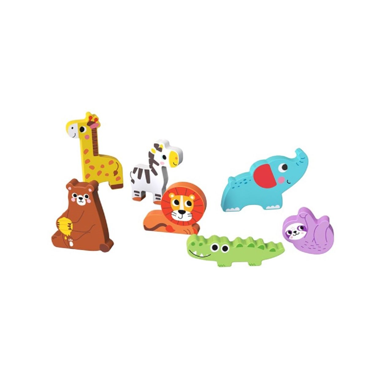 Siete animales de juguete de madera: jirafa, cebra, oso, león, elefante, cocodrilo y perezoso.