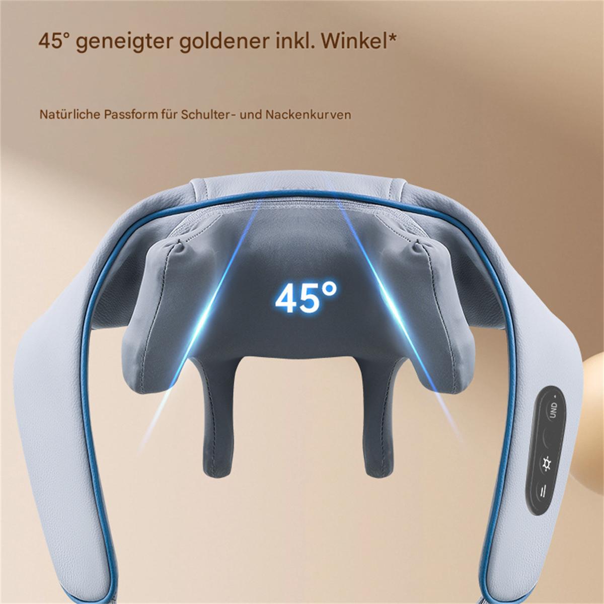 Ein Nackenmassagegerät mit blau-grauem Design, Text und 45-Grad-Winkelmarkierung.