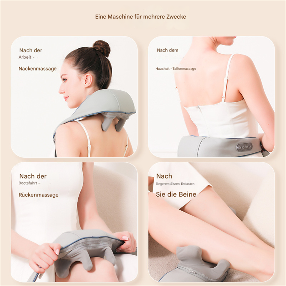 Vier Bilder, die ein Massagegerät für Nacken, Rücken und Beine zeigen. Menschen benutzen es in verschiedenen Situationen.