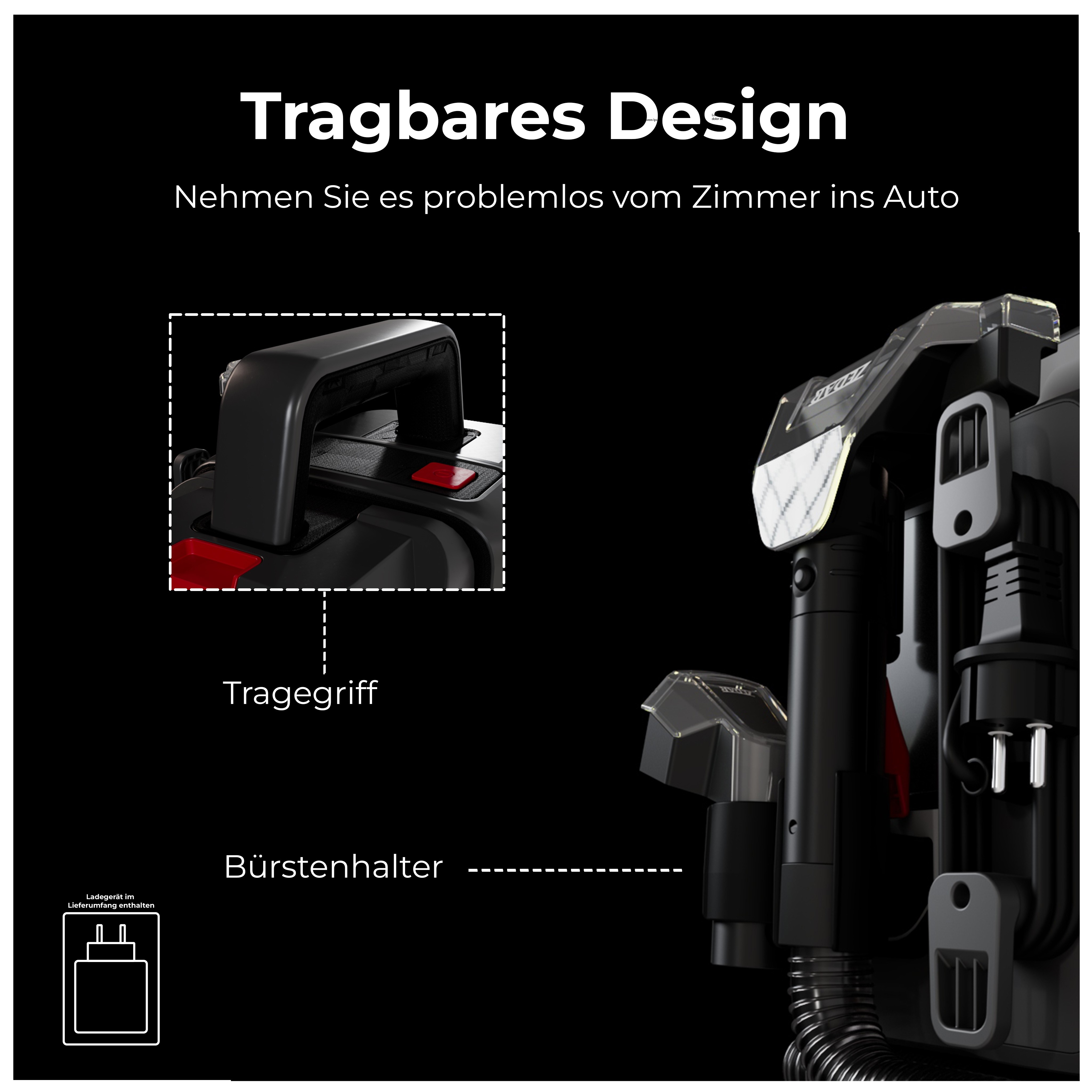 Staubsauger mit Griff und Bürstenhalter auf schwarzem Hintergrund. Einsatz: Griffdetail mit rotem Akzent.