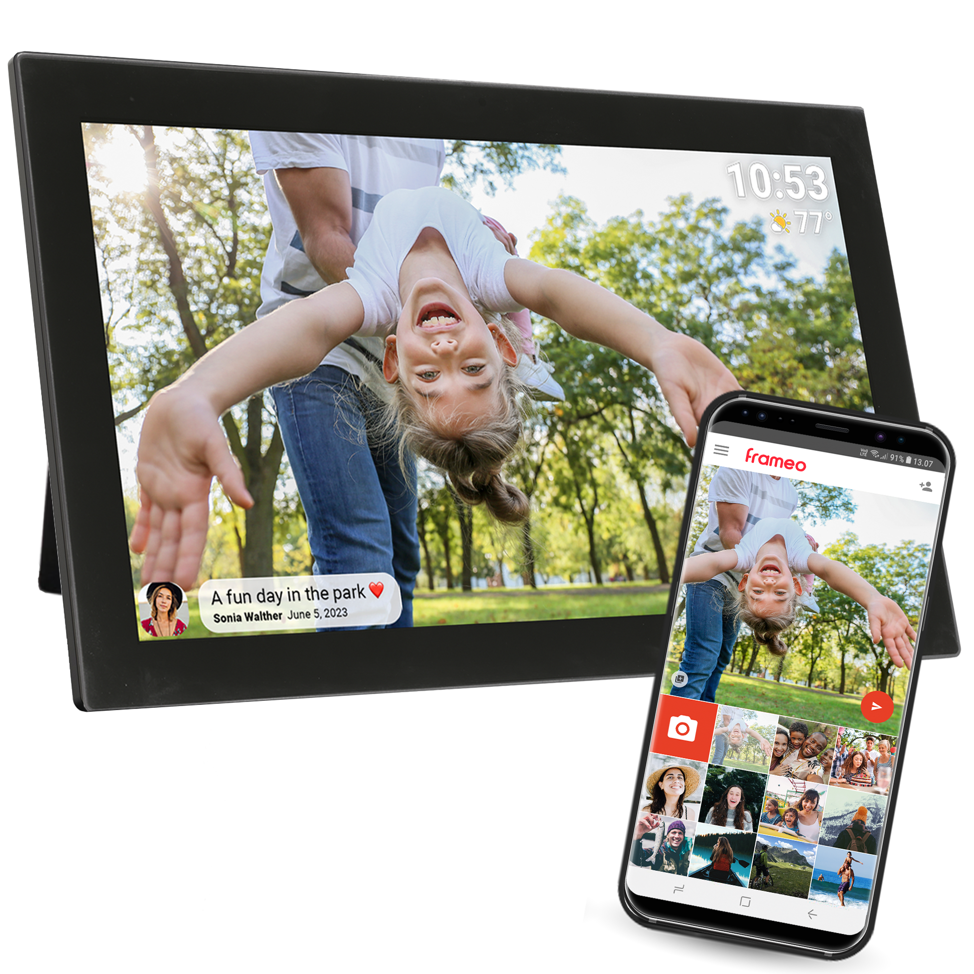 Cyfrowa ramka na zdjęcia i telefon pokazujące ten sam obraz dziewczynki w parku.