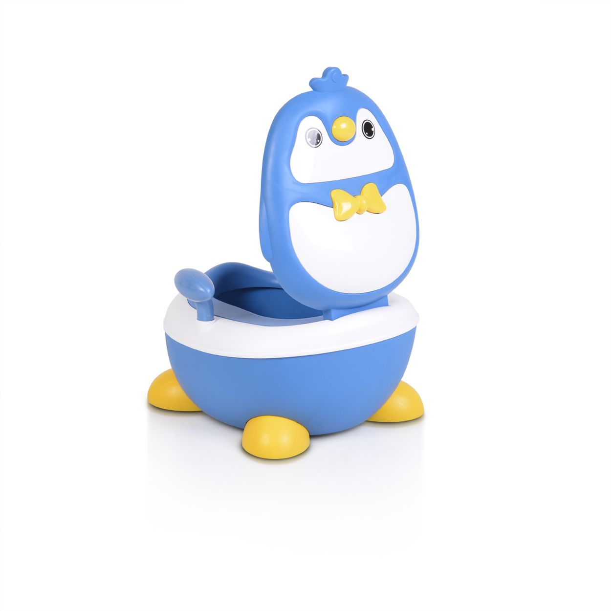 Blaue Pinguin-Töpfchen-Trainings-Toilette. Es hat eine Pinguinform mit gelben Füßen.
