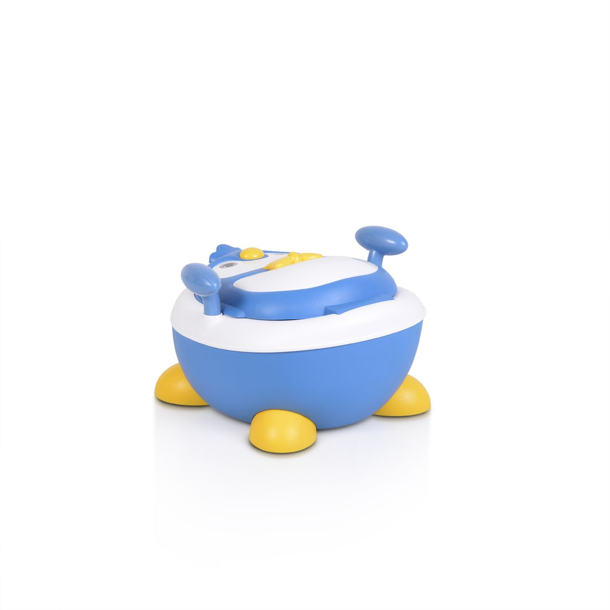 Blau-weiße Baby-Töpfchen mit gelben Füßen und Deckel, vor weißem Hintergrund.