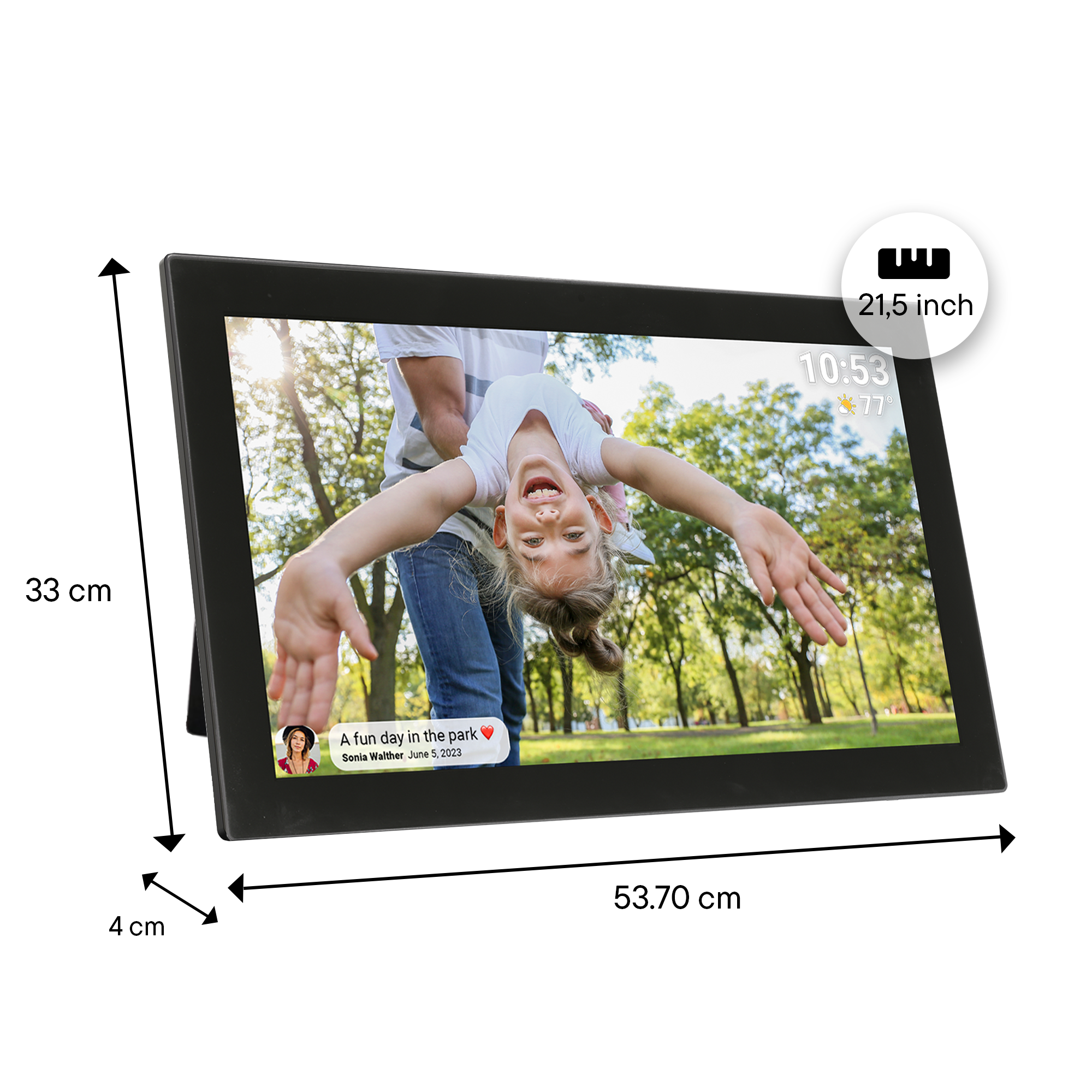 Cyfrowa ramka na zdjęcia wyświetlająca zdjęcie dziewczynki i wymiary.