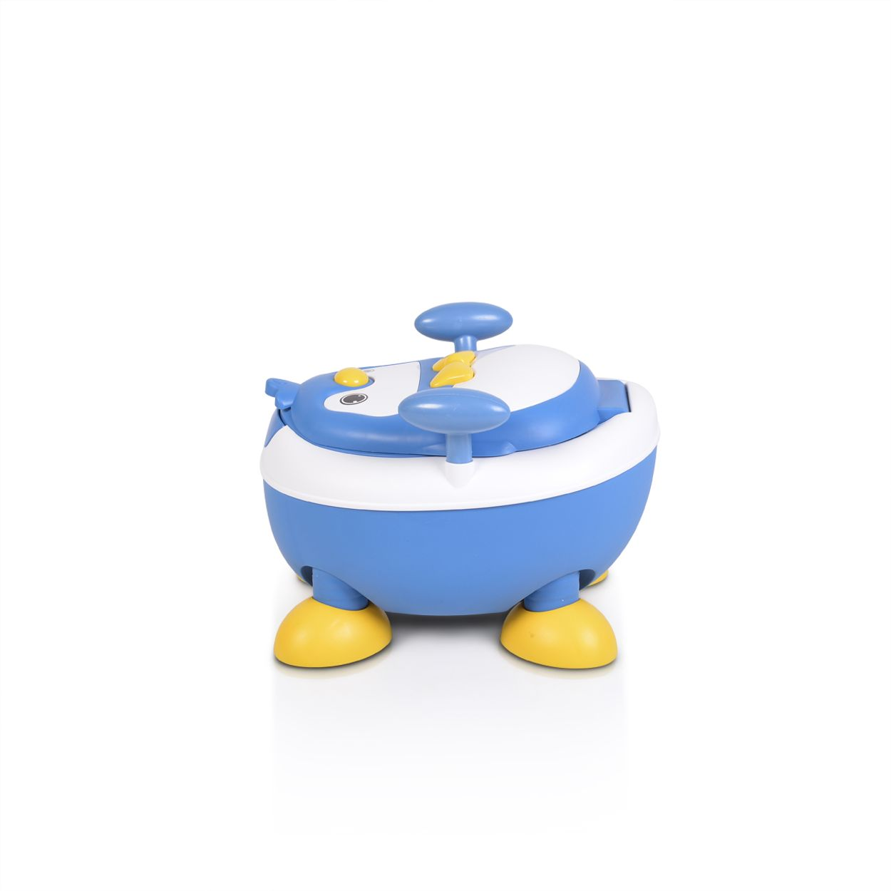 Blau-weiße Baby-Töpfchen in Cartoon-Flugzeugform.