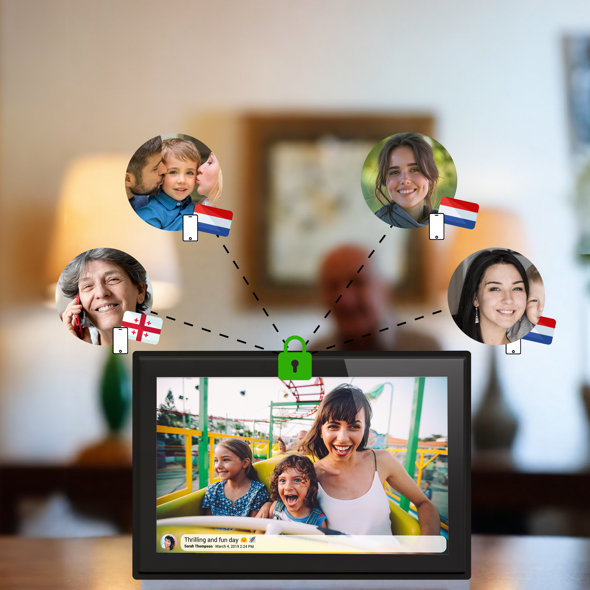 Une tablette affichant des photos de famille. Connectée à d'autres téléphones via un symbole de cadenas vert. Les gens sourient.