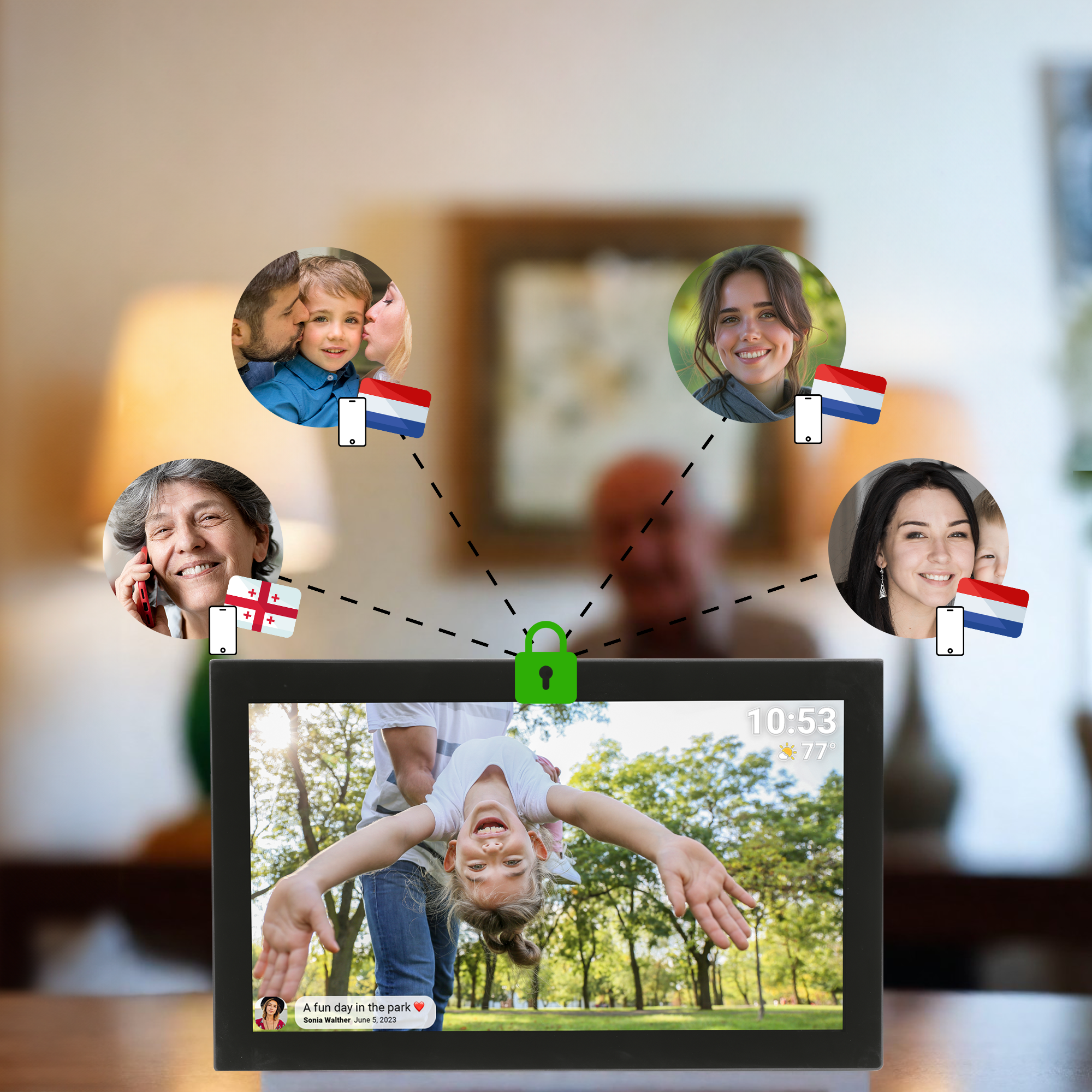 Cyfrowa ramka do zdjęć wyświetla rozmowę wideo z rodziną. Widoczne są flagi i twarze.