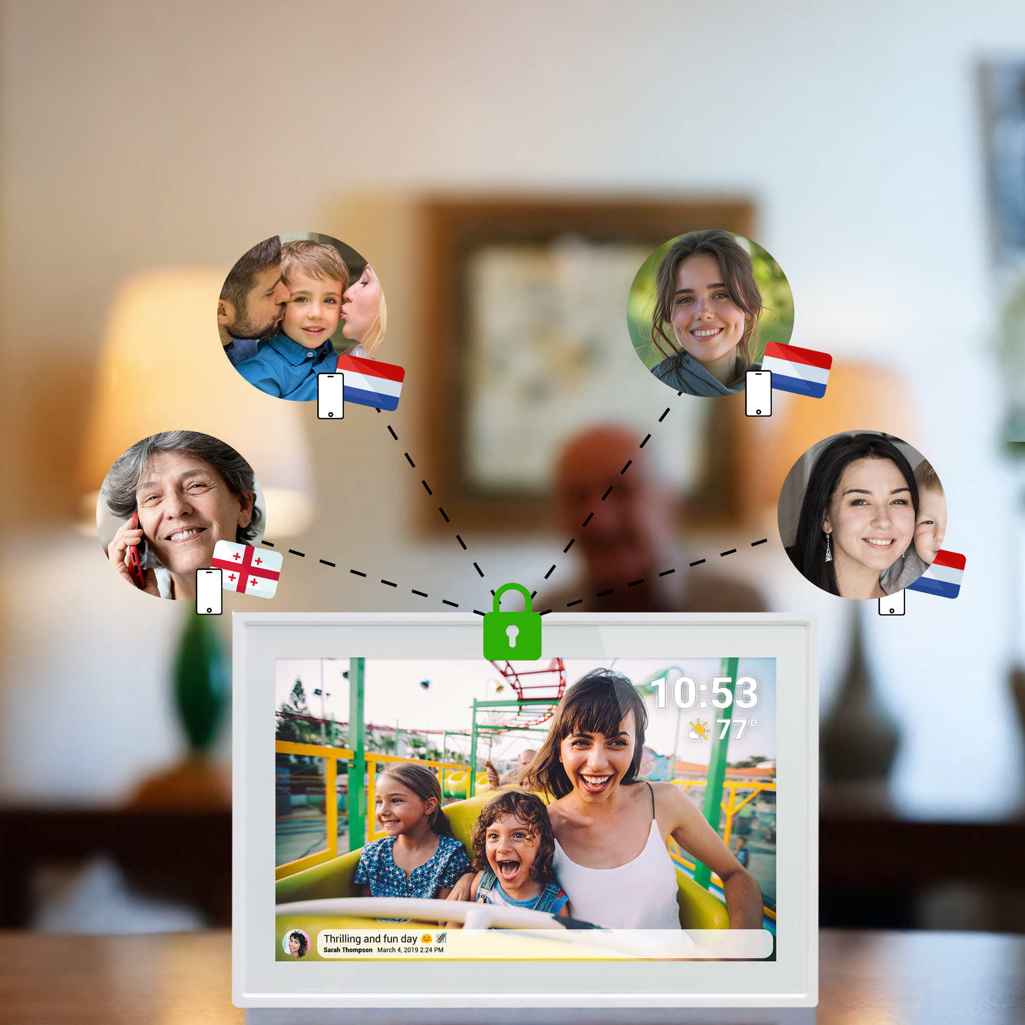 Un cadre photo numérique montrant plusieurs personnes dans un cercle, recevant des photos. Une icône de cadenas est visible.