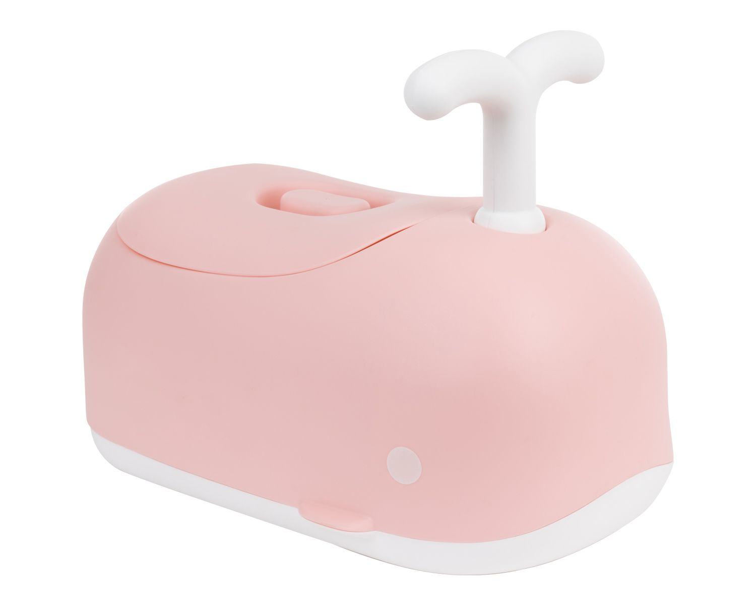 Ein rosa walförmiger Töpfchensitz mit einem weißen Griff.