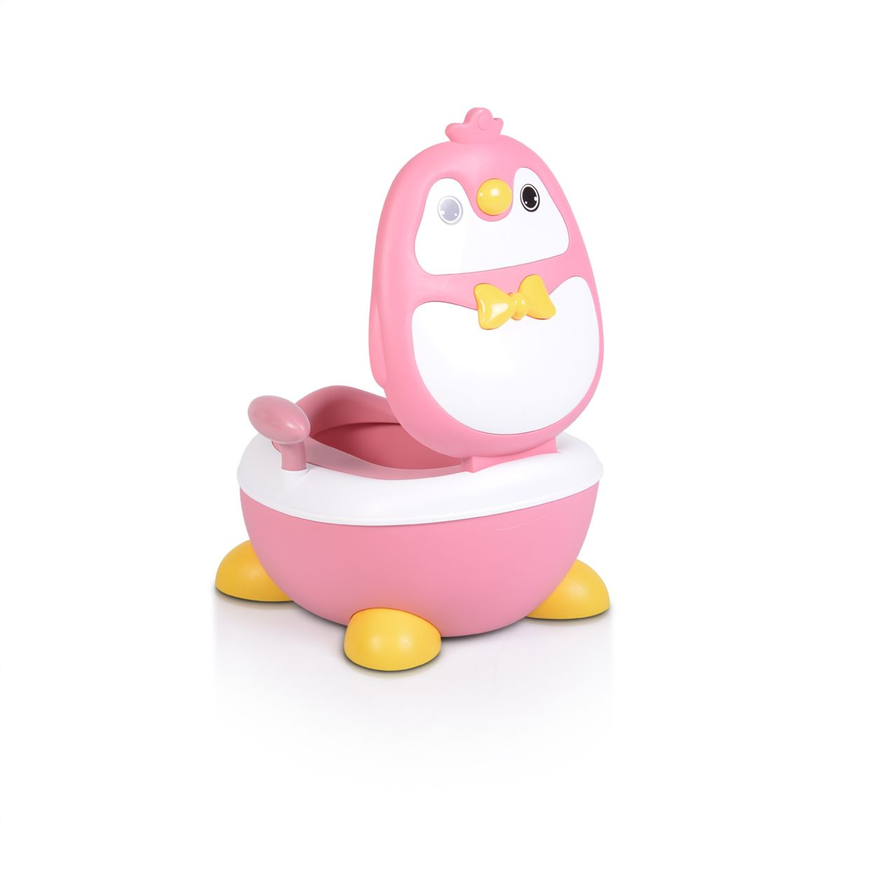 Rosa Pinguin-Töpfchen-Trainings-Toilette. Es hat eine Pinguinform mit gelben Füßen.