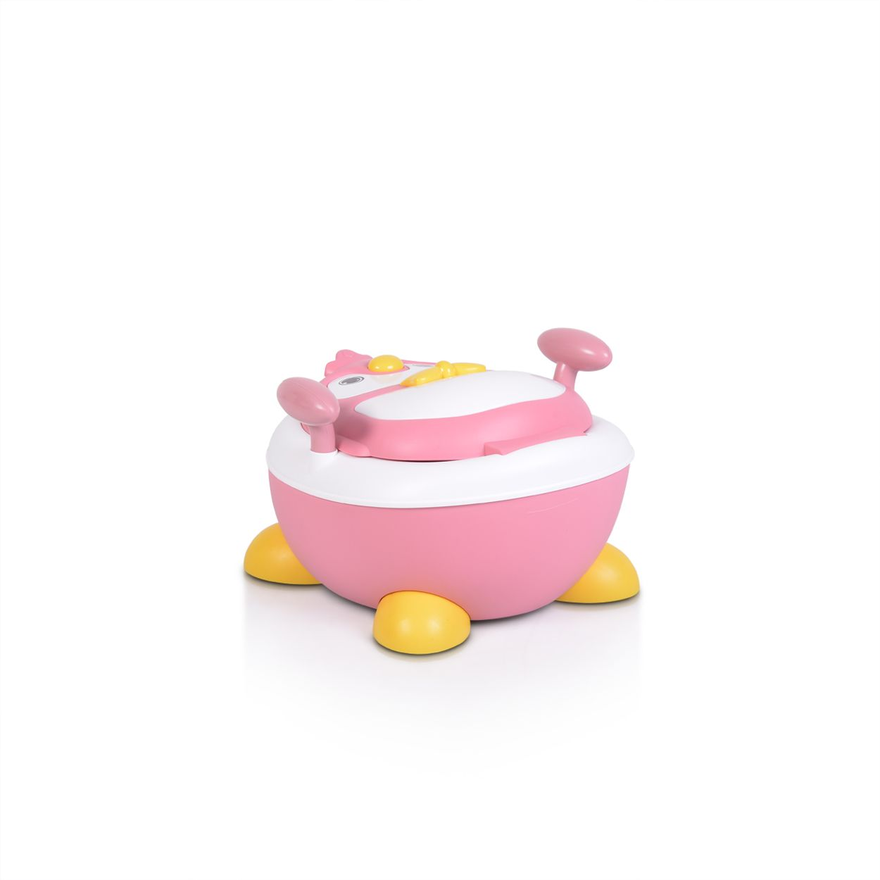 Rosa und weiße Töpfchen mit gelben Füßen und Deckel.