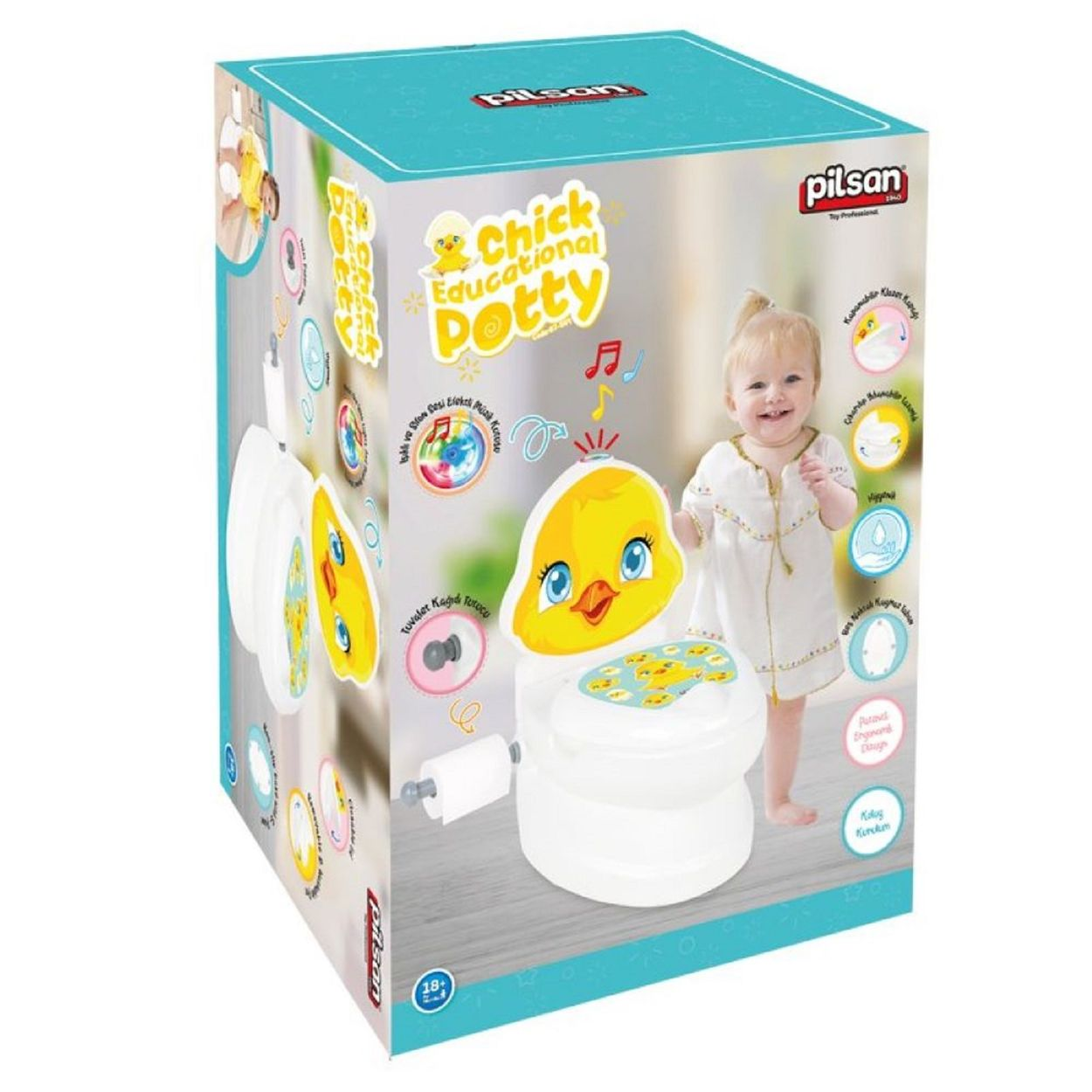 Eine Kindertoilette, blaue Box mit einem Cartoon-Küken, einem Kind und dem Text "Chick Educational Potty".