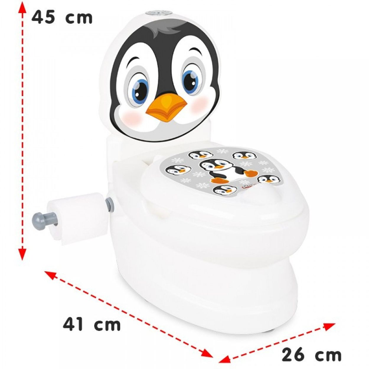 Eine weiße, pinguinförmige Töpfchen mit Maßen. Es hat einen Toilettenpapierhalter.