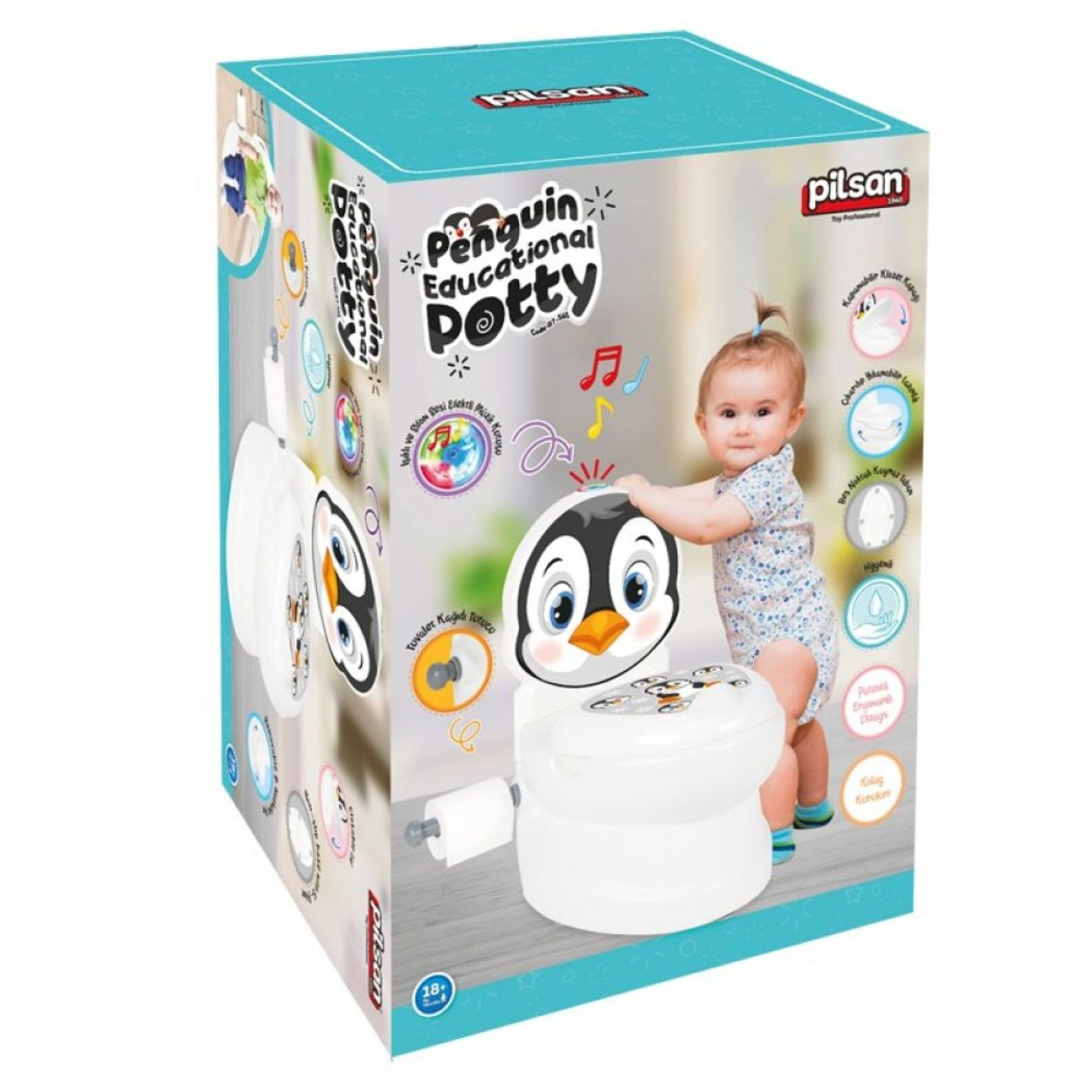 Ein Baby sitzt neben einem pinguinförmigen Töpfchen in einer Box.