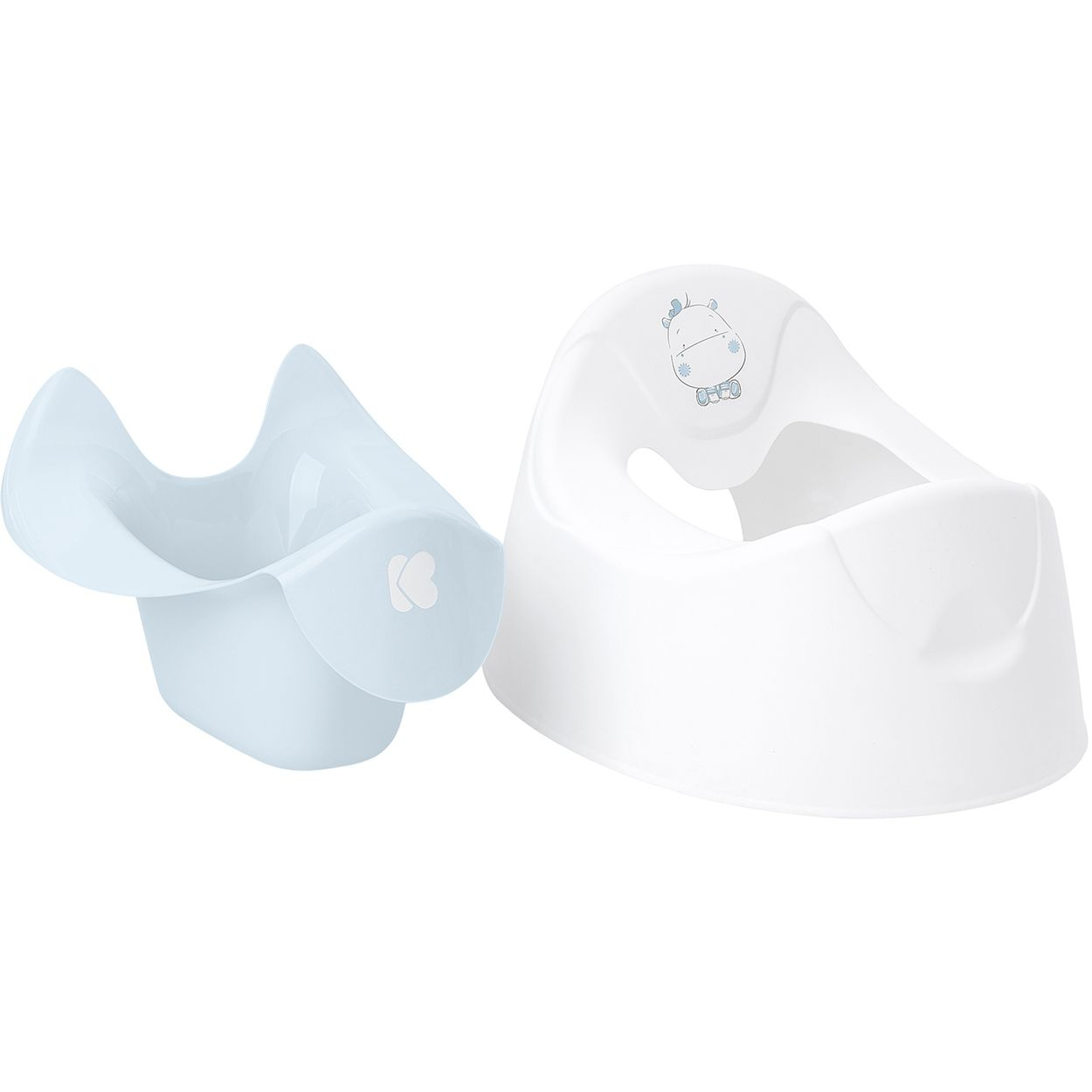Zwei Töpfchen-Trainingssitze für Babys. Einer ist weiß, der andere blau.