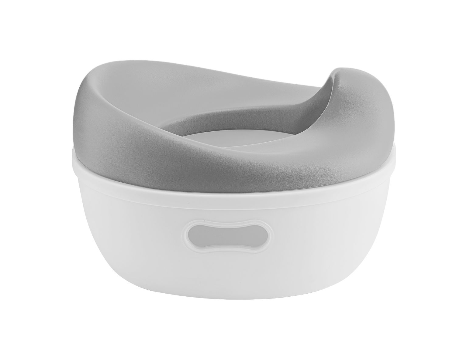Ein grauer und weißer Baby-Toilettensitz. Er hat ein einfaches, minimalistisches Design.