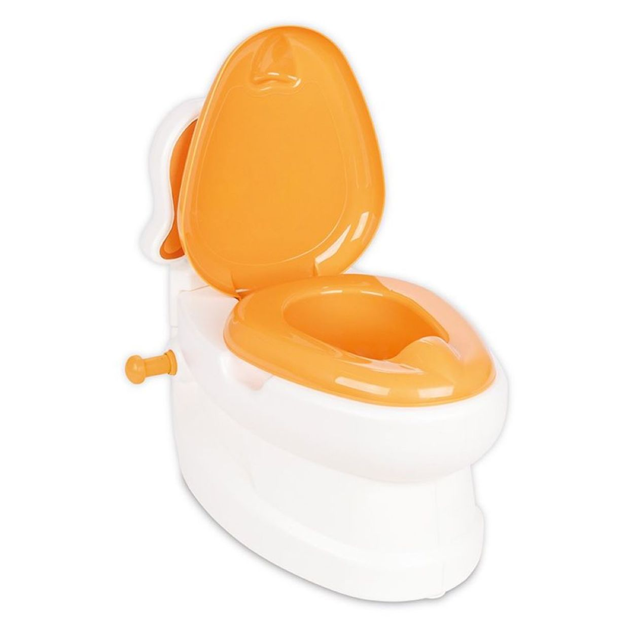 Eine weiß-orange Töpfchentoilette mit hochgeklapptem Sitz. Auf weißem Hintergrund.