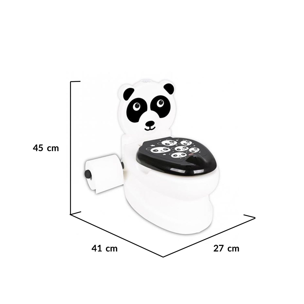 Ein Panda-Toilettentrainer mit Deckel und eine Rolle Toilettenpapier.