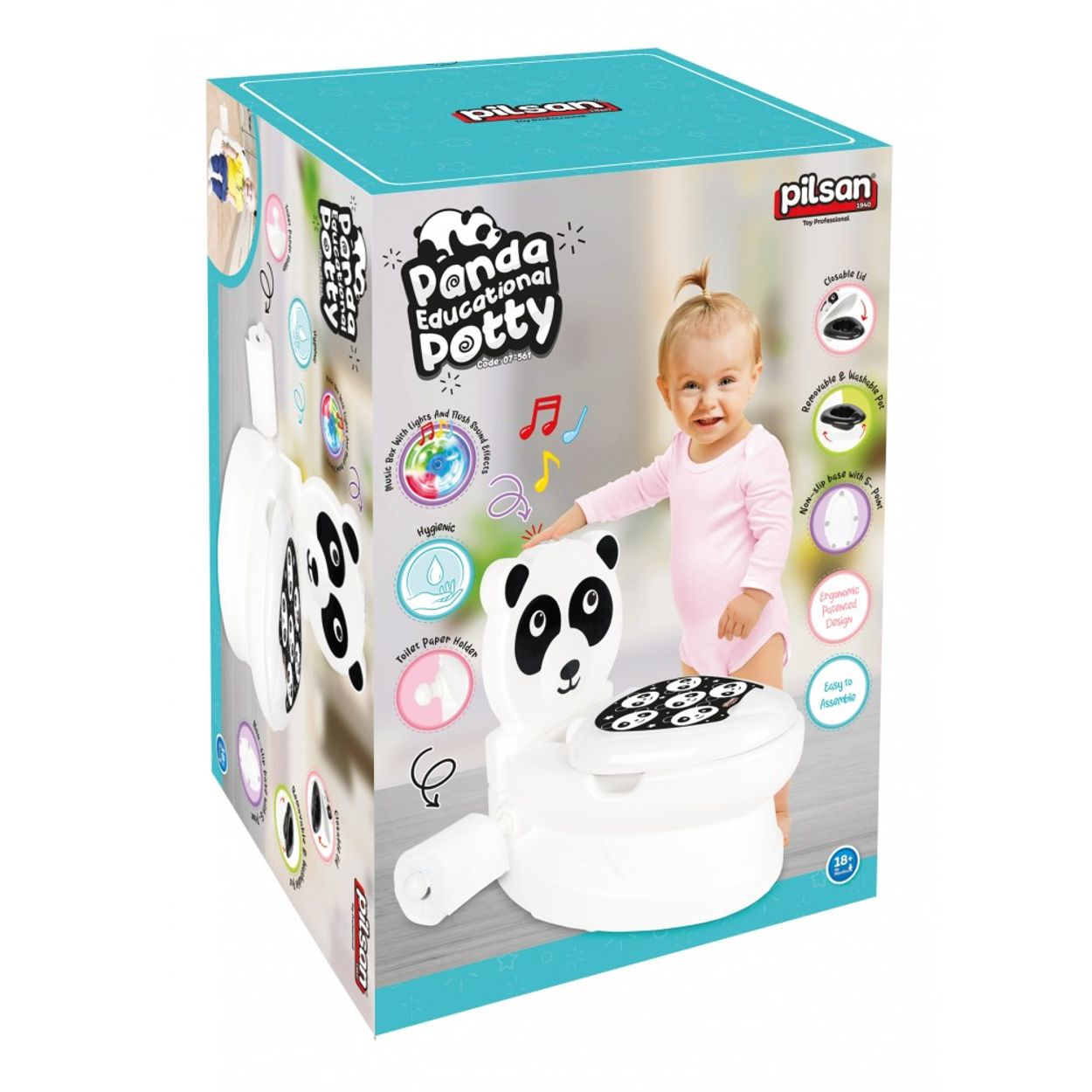 Panda-Toilettenkiste mit Baby. Panda-Töpfchen ist weiß mit schwarzen Akzenten. Baby ist in Rosa.