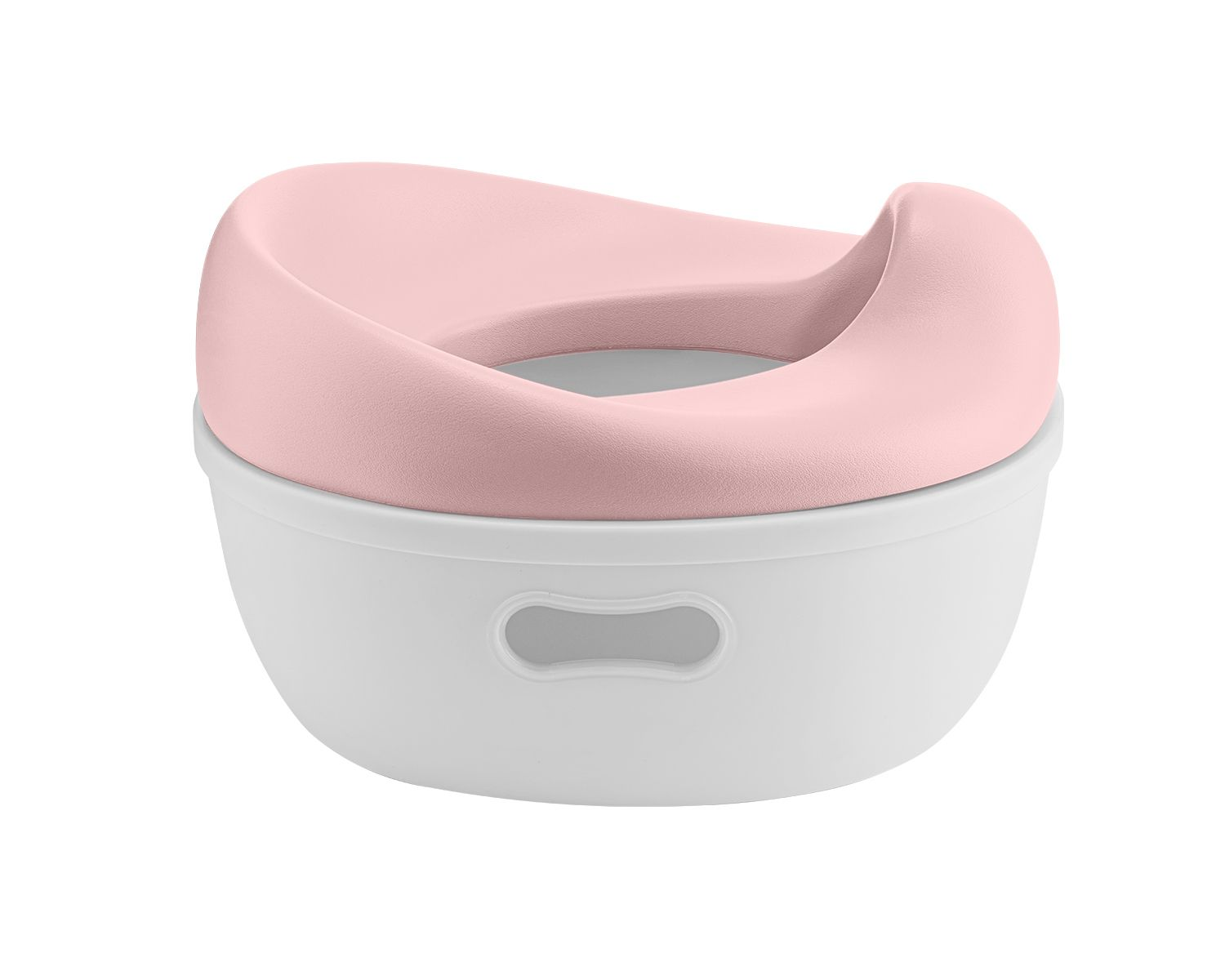 Rosa Toilettensitz auf weißer Basis. Der Sitz ist oval und hat eine glatte Oberfläche.