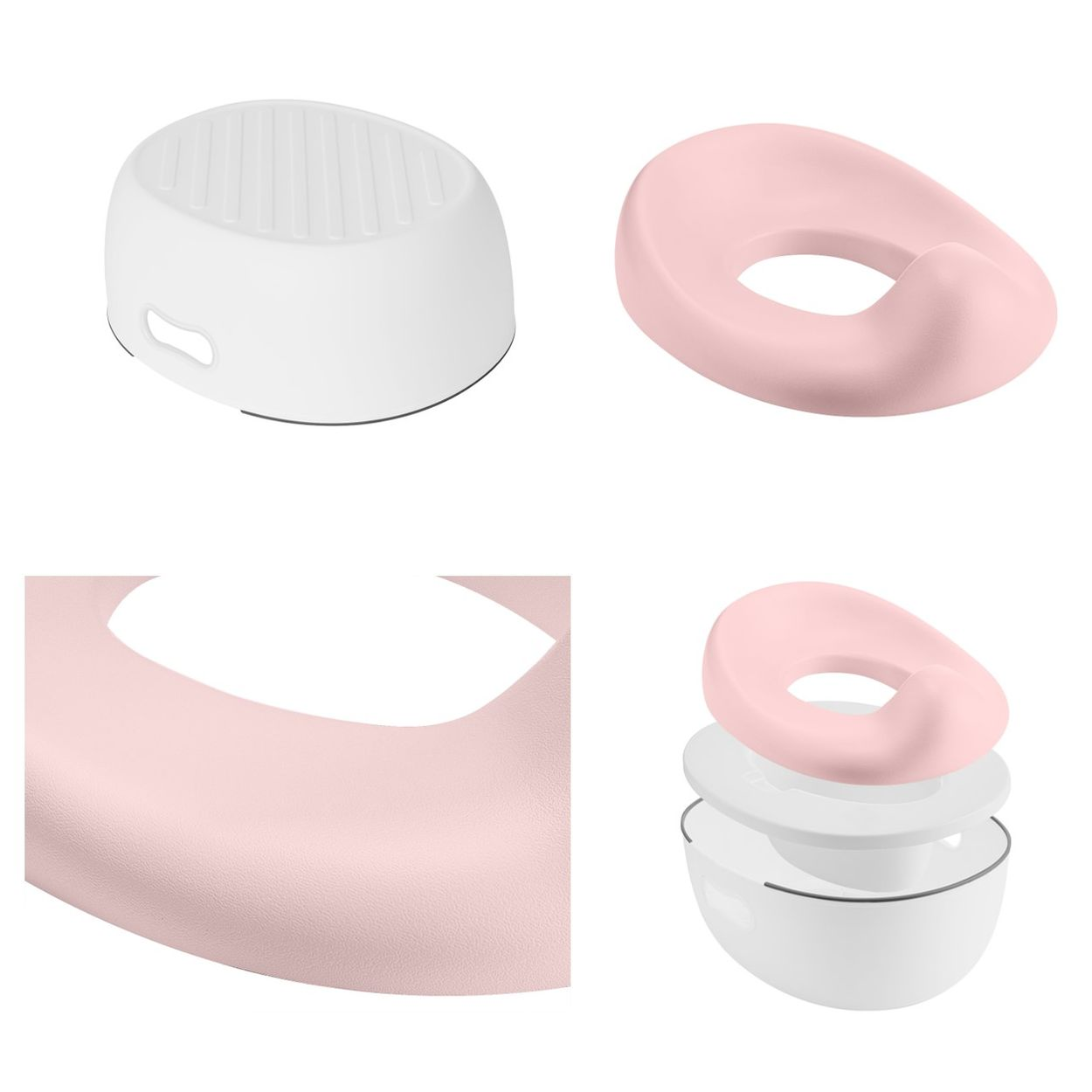 Mehrere Teile einer Kindertoilette, darunter ein Hocker und ein rosa Sitz.