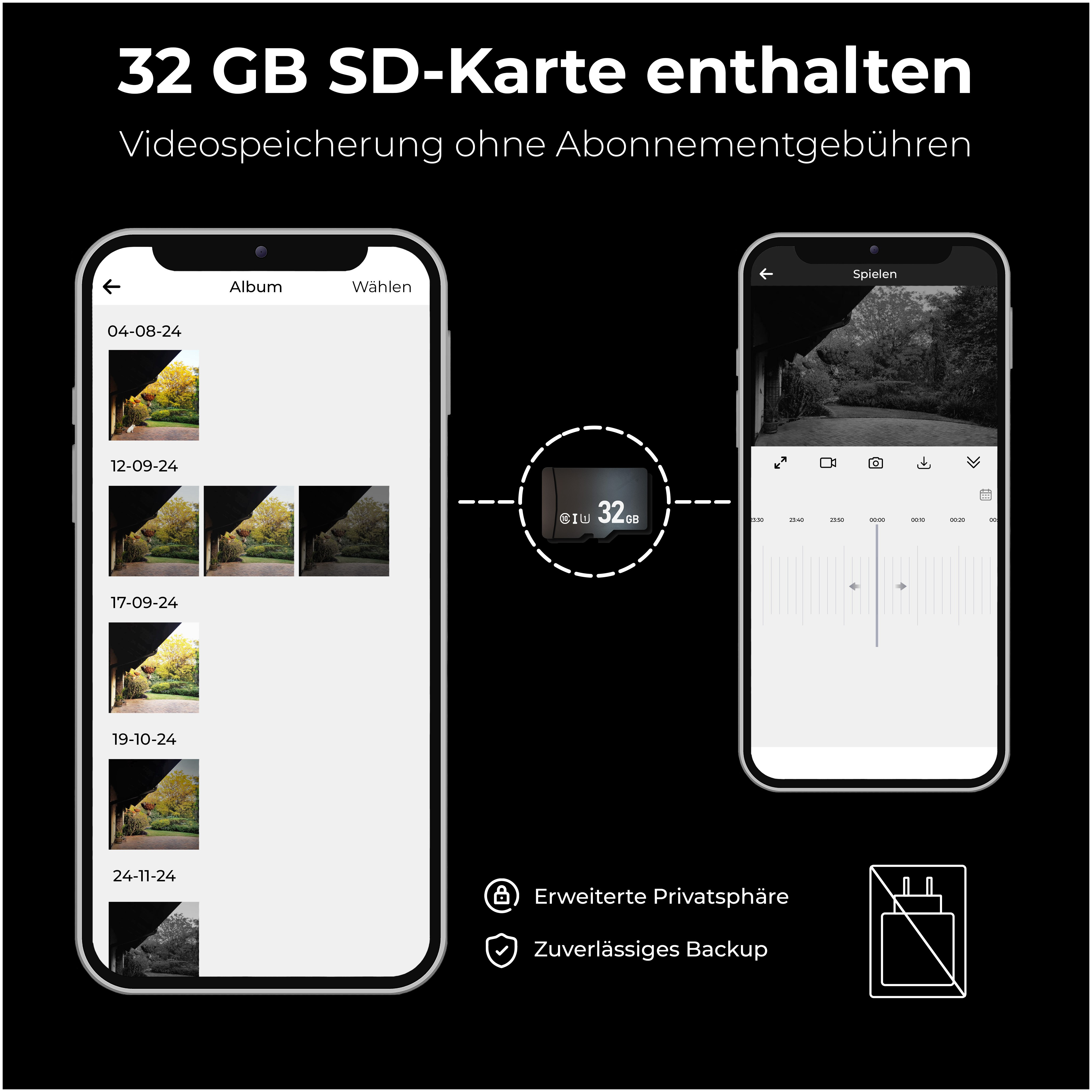 Zwei Telefone mit Fotoalben und Bearbeitungsoberflächen. Weißer Hintergrund mit Symbolen.