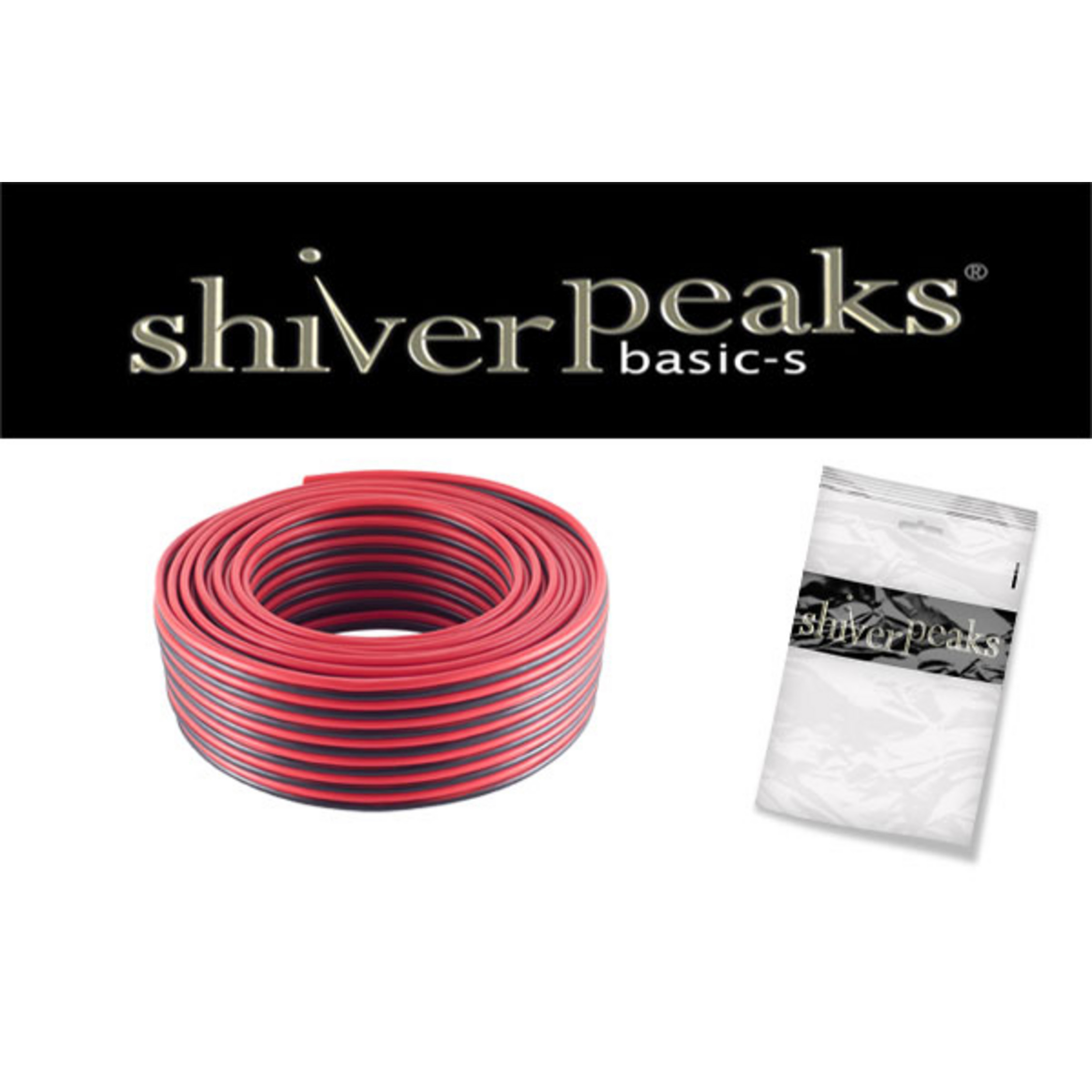 Rotes und schwarzes Lautsprecherkabel, mit Logo und Plastiktüte mit gleichem Logo.