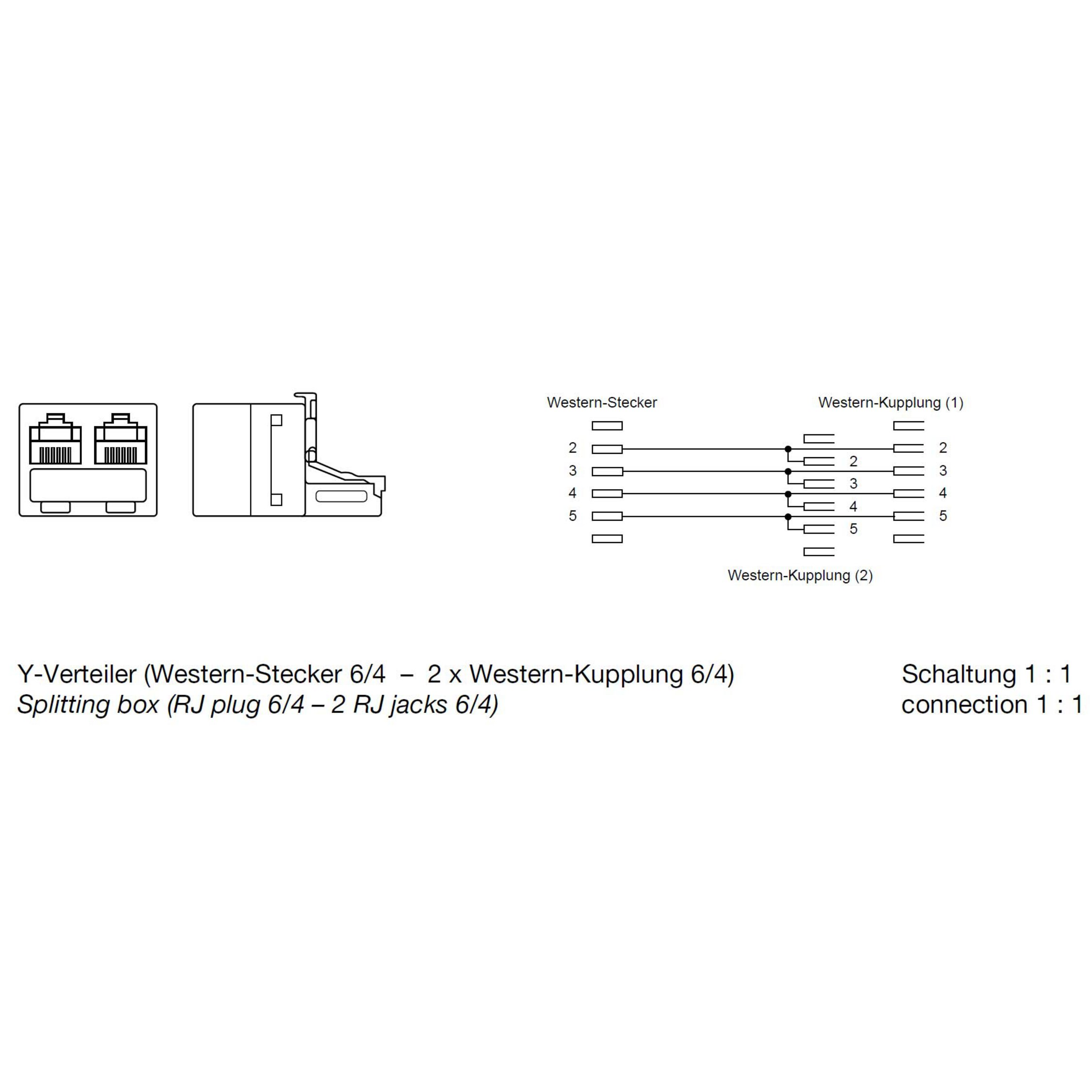 Diagramm eines Y-Splitters und Anschluss von RJ-Steckern und -Buchsen. Weißer Hintergrund.