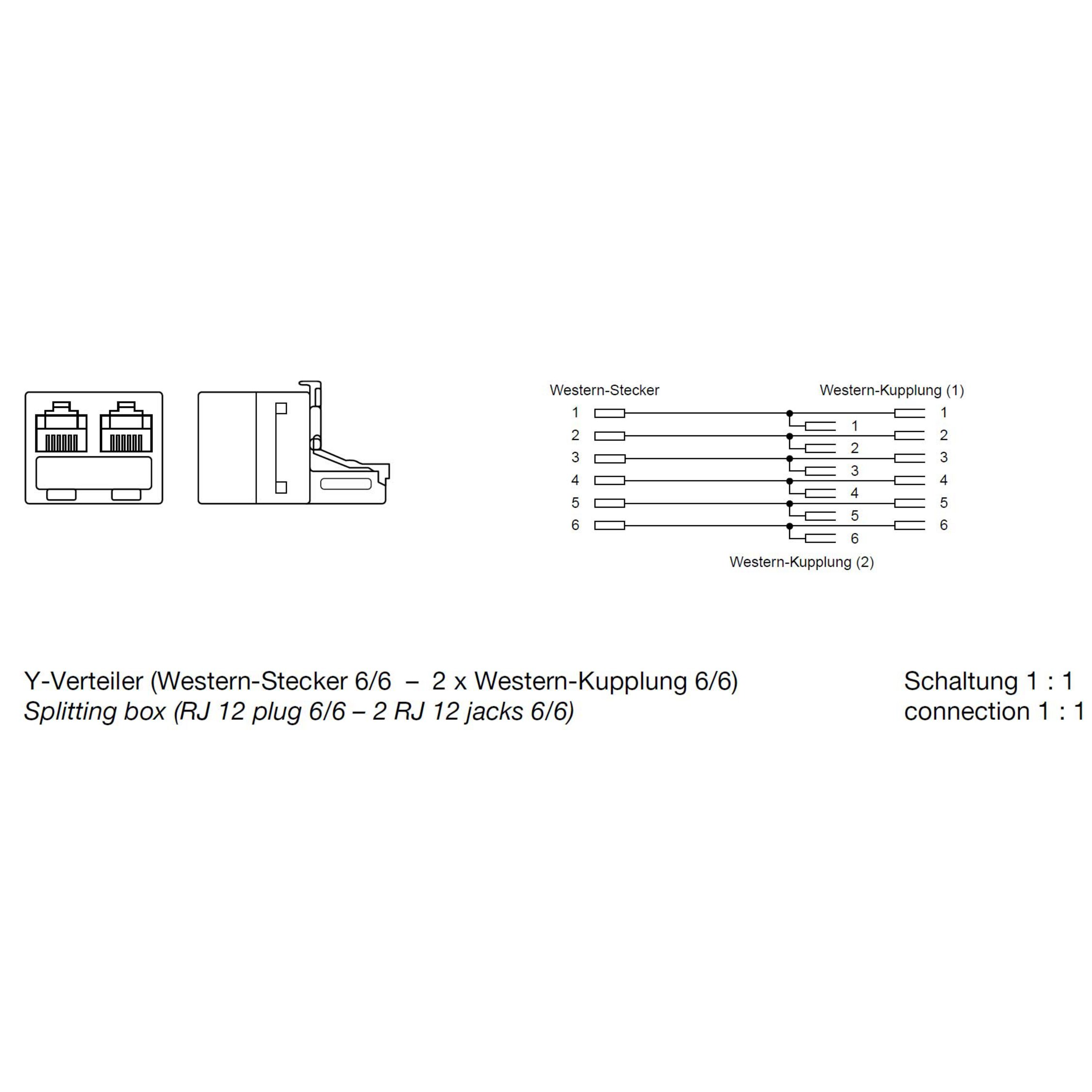 Diagramm einer Splitterbox mit RJ12-Stecker und -Buchsen sowie deren Verdrahtungsanschlüssen. Weißer Hintergrund.