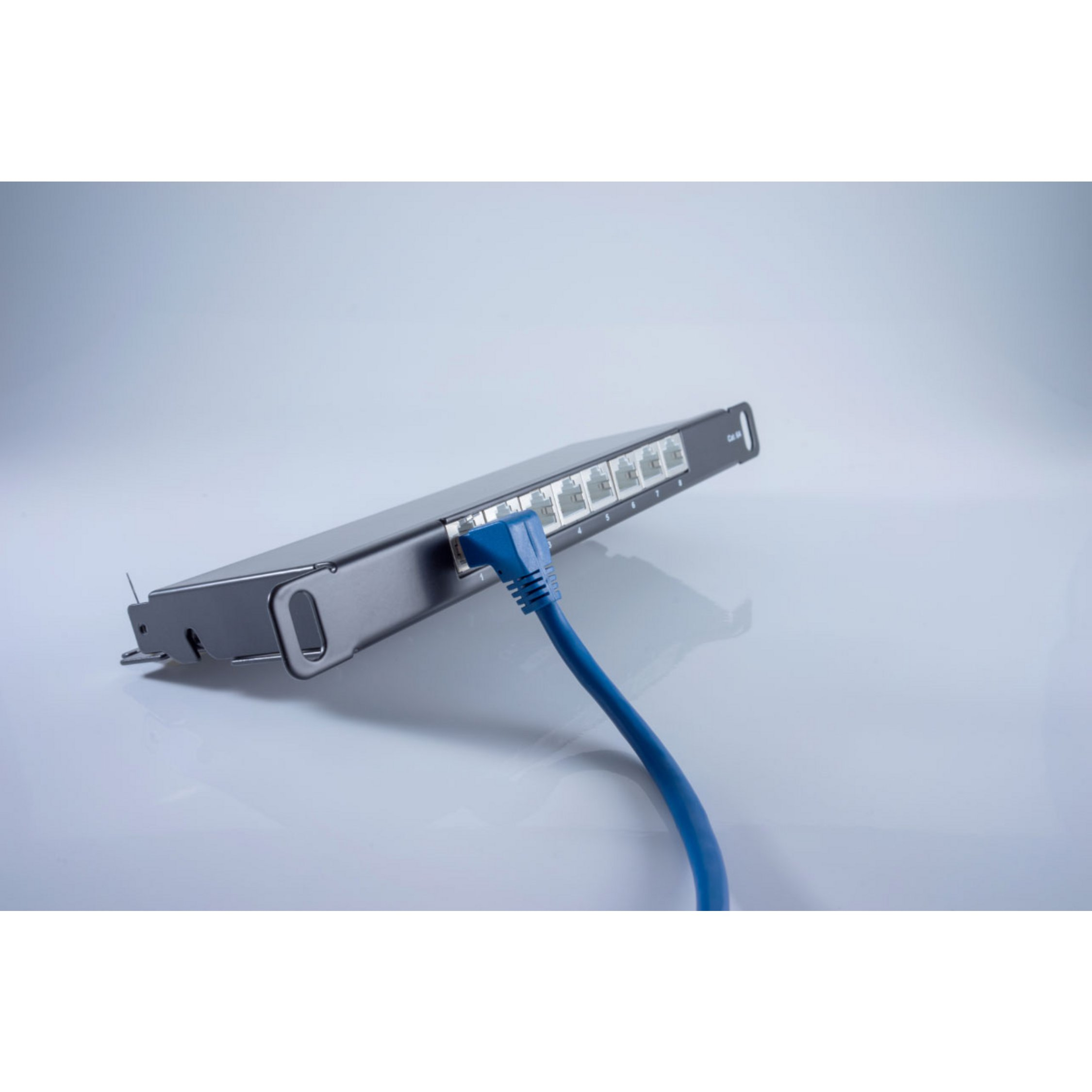 Switch di rete con più porte, collegato a un cavo Ethernet blu.