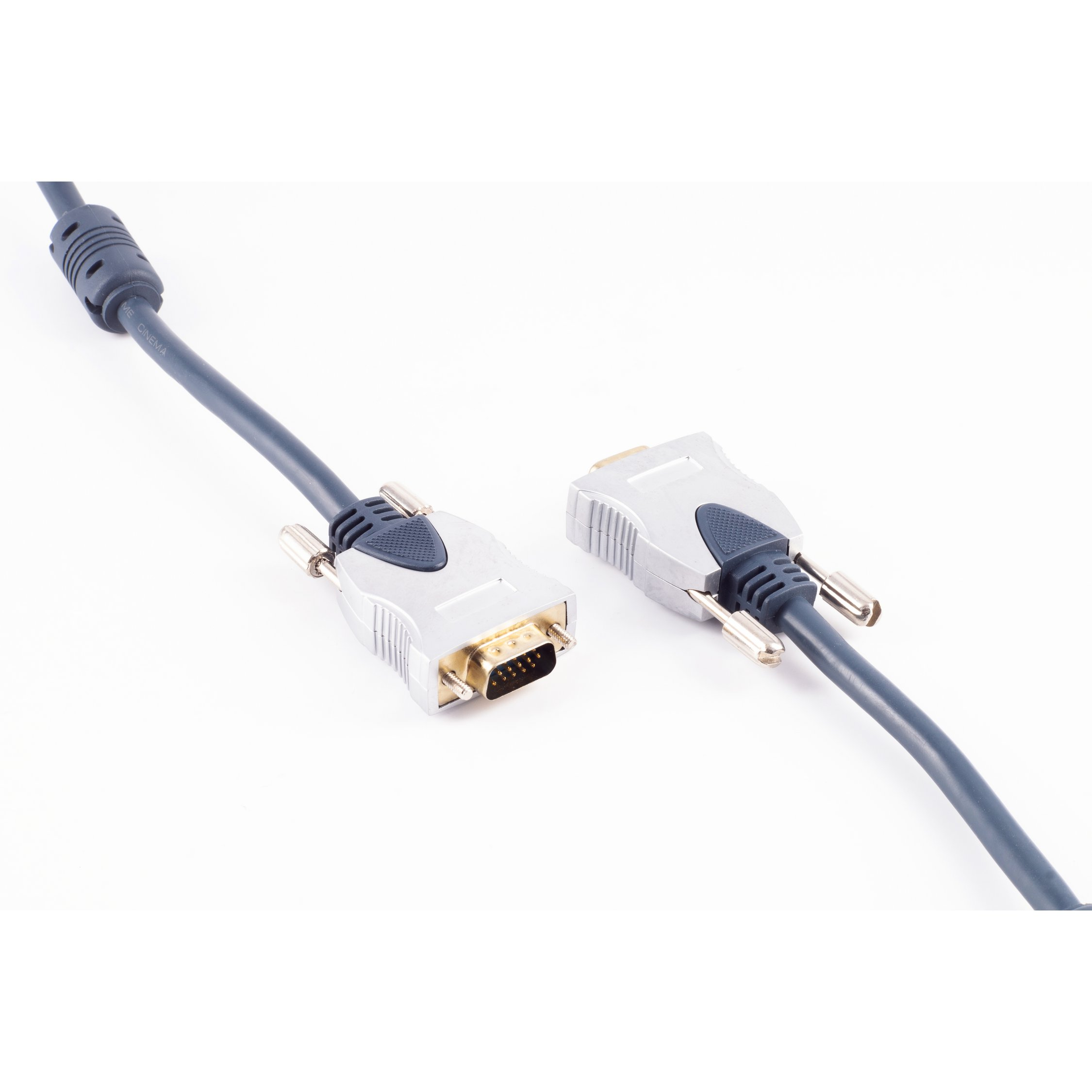 Graues und silbernes Kabel mit zwei Steckern. Die Stecker haben Stifte und eine Schraube.