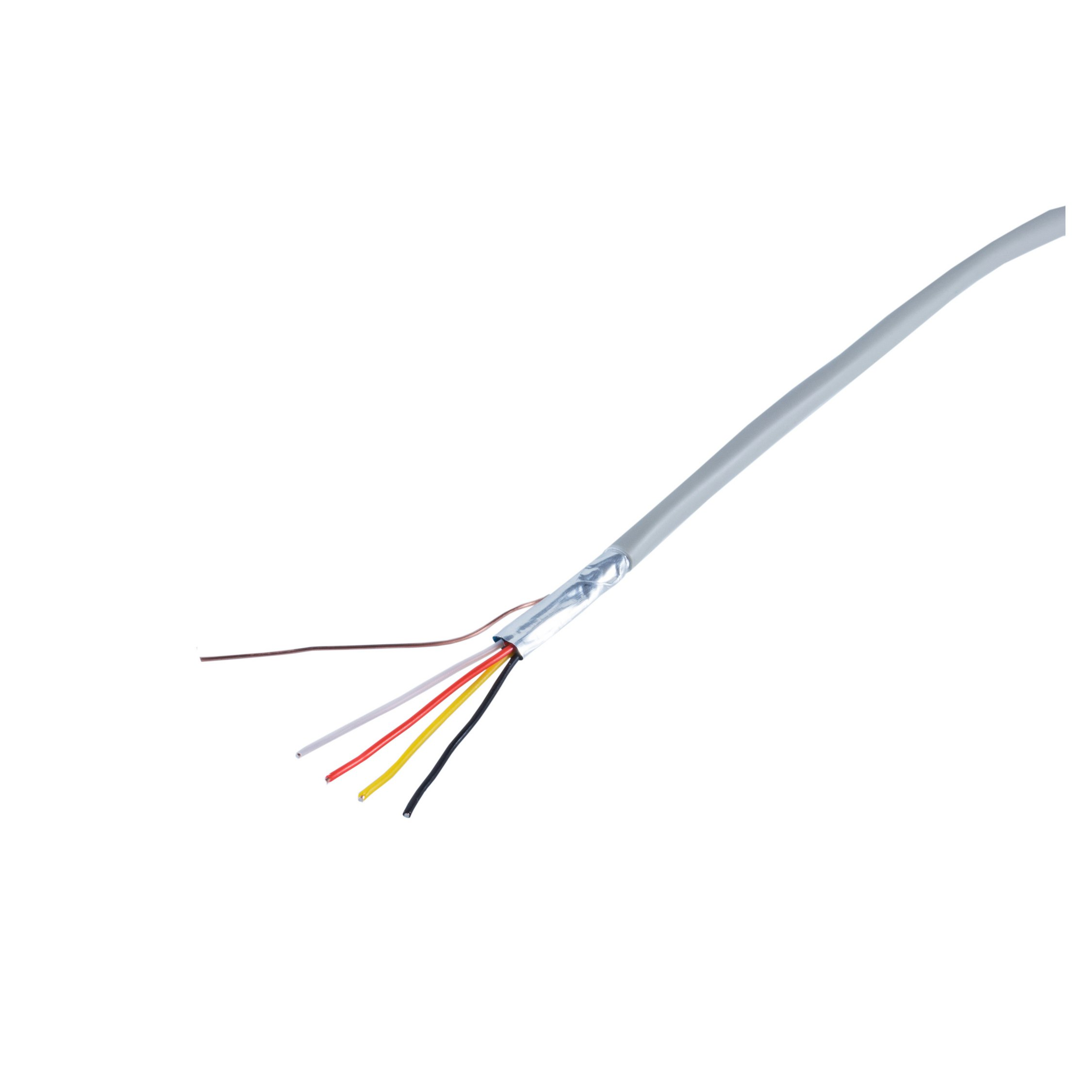 Ein graues Kabel mit freiliegenden, farbigen Drähten. Weißer Hintergrund.
