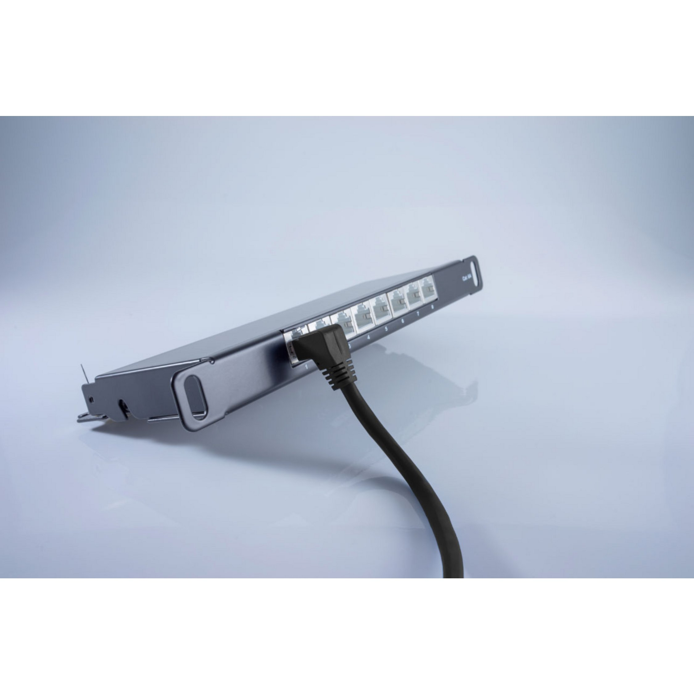 Switch di rete nero con un singolo cavo Ethernet collegato. Sfondo bianco.