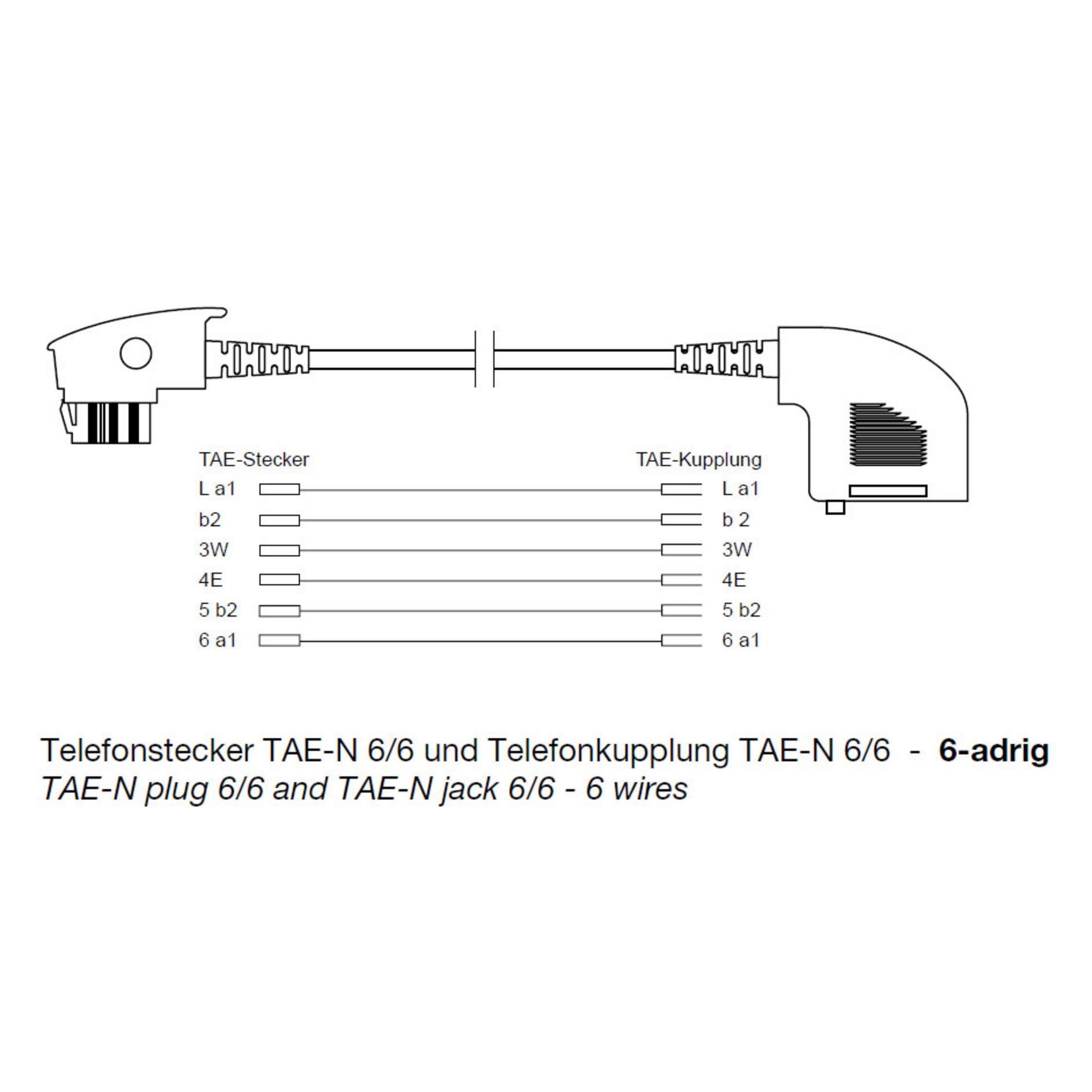 Diagramm eines TAE-N 6/6 Telefonsteckers und einer -buchse. Etiketten zeigen die Pin-Verbindungen.