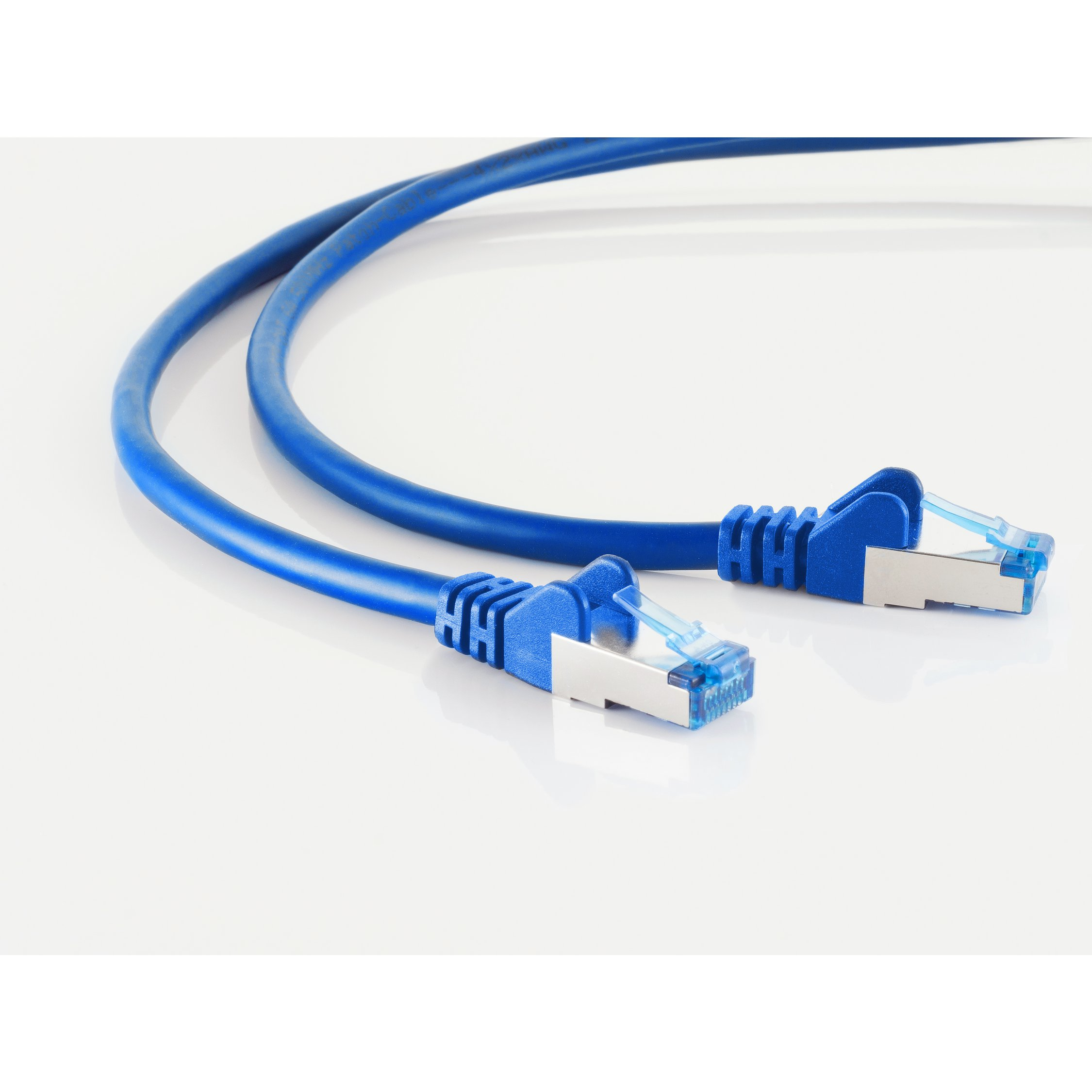 Due cavi di rete blu con connettori blu su sfondo bianco.
