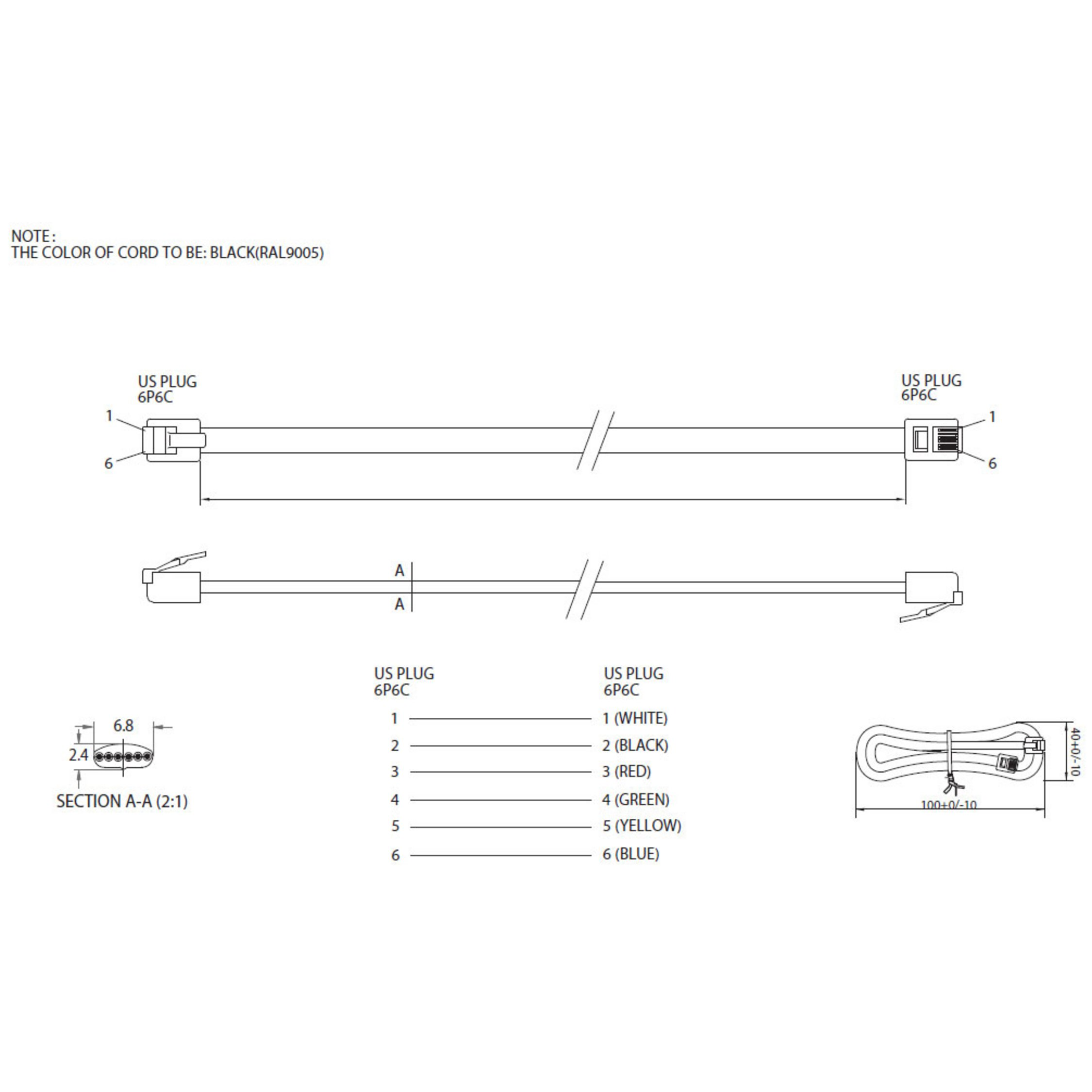 Diagramm eines schwarzen Netzkabels mit US-Stecker und IEC-Anschluss.