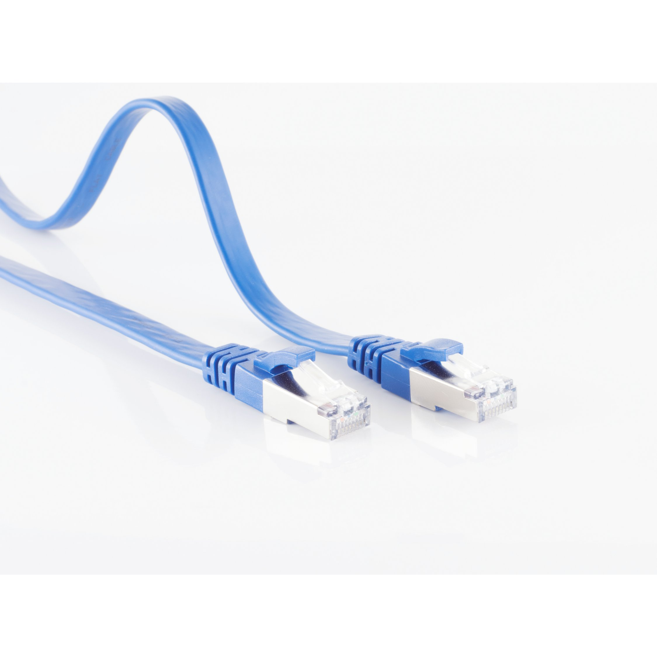 Cavo Ethernet blu con connettori, isolato su sfondo bianco.