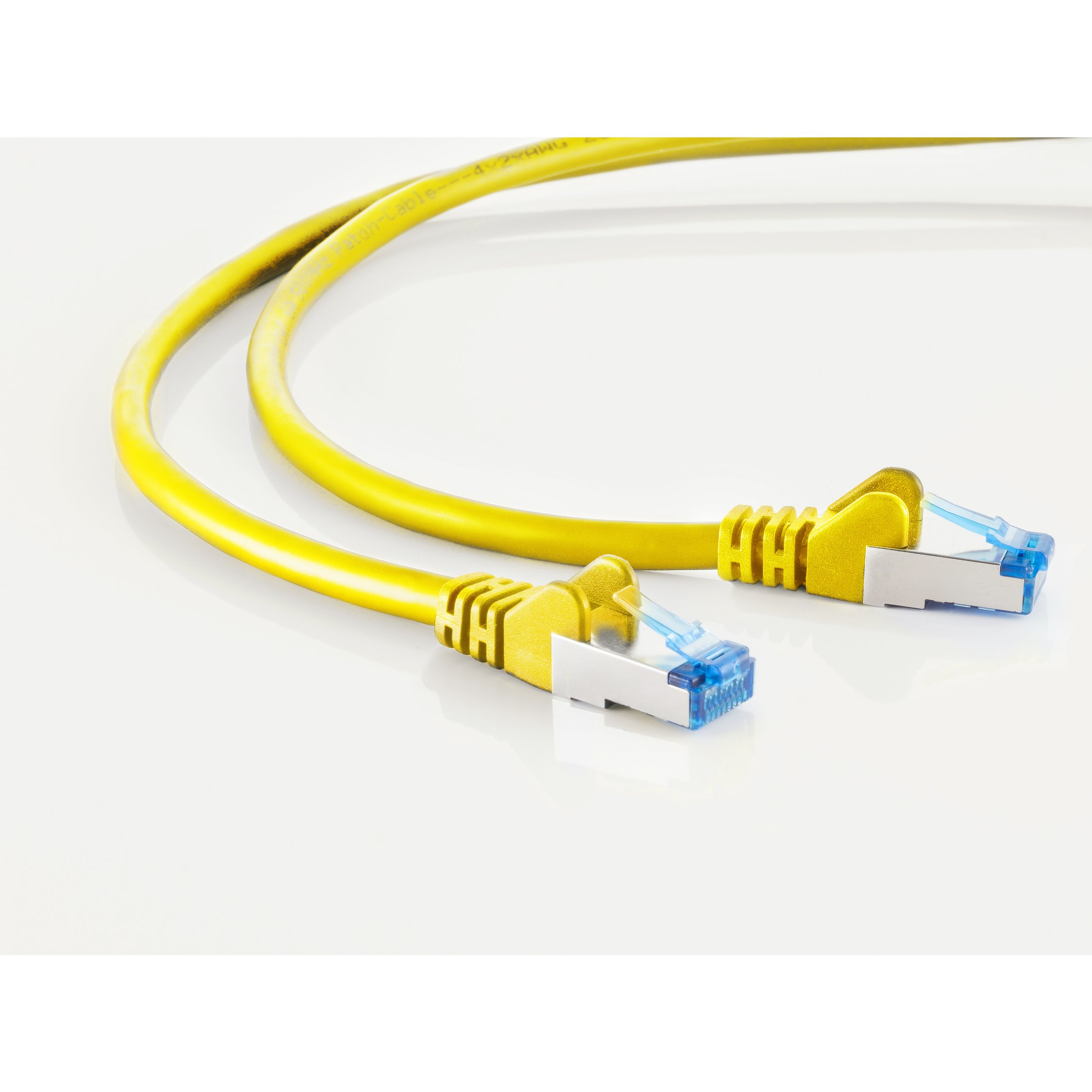 Due cavi Ethernet gialli con connettori blu su una superficie bianca.