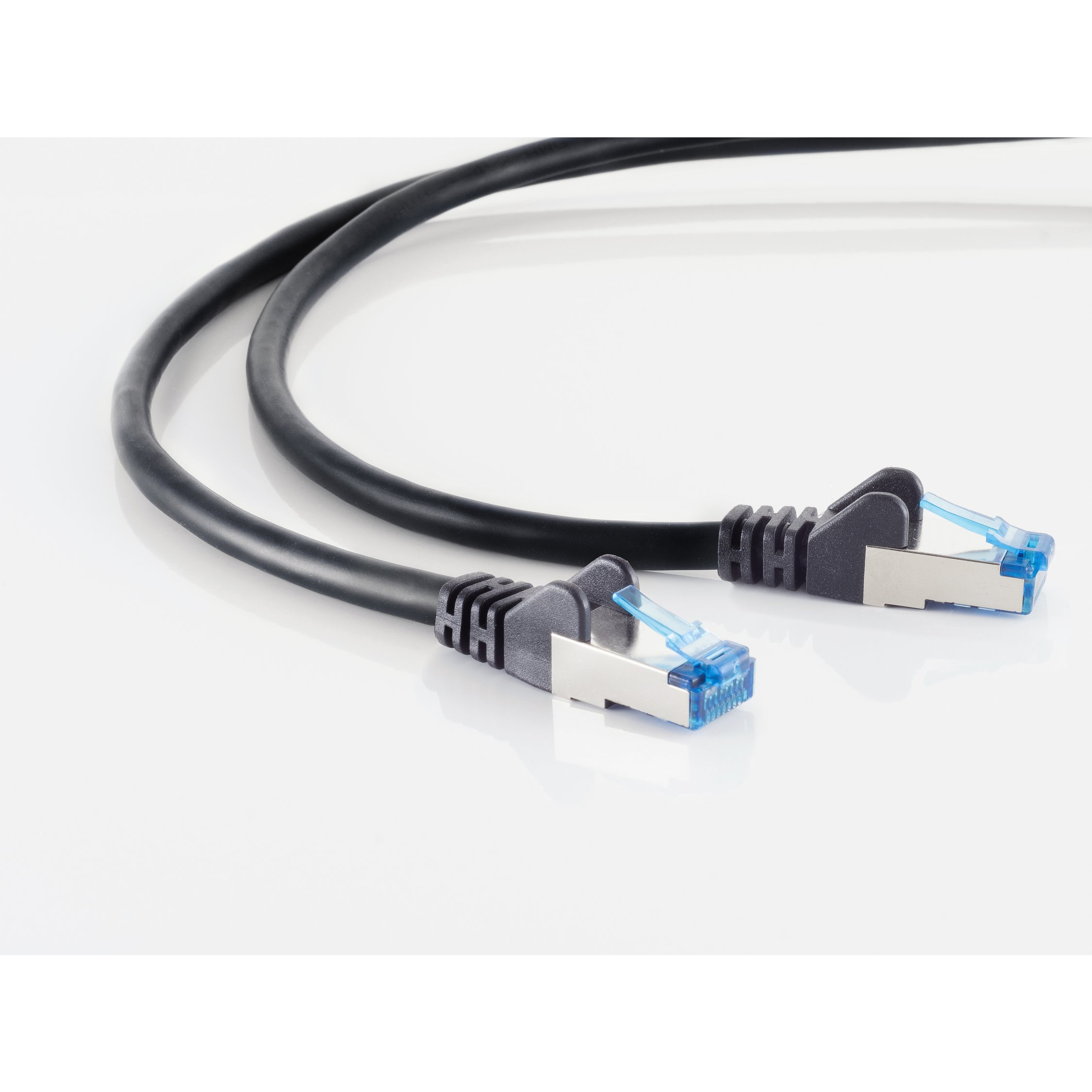 Due cavi di rete neri con connettori blu su sfondo bianco.