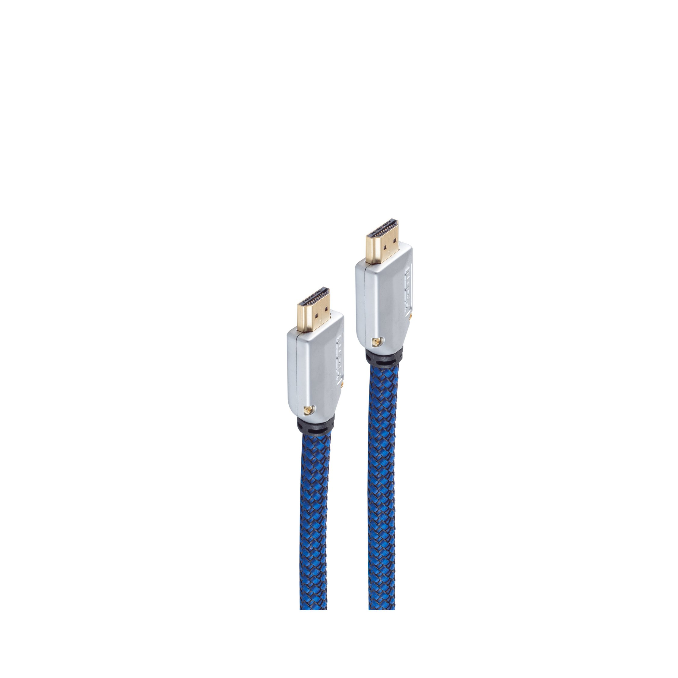 Zwei silberne HDMI-Kabel mit blau geflochtener Schnur vor weißem Hintergrund.