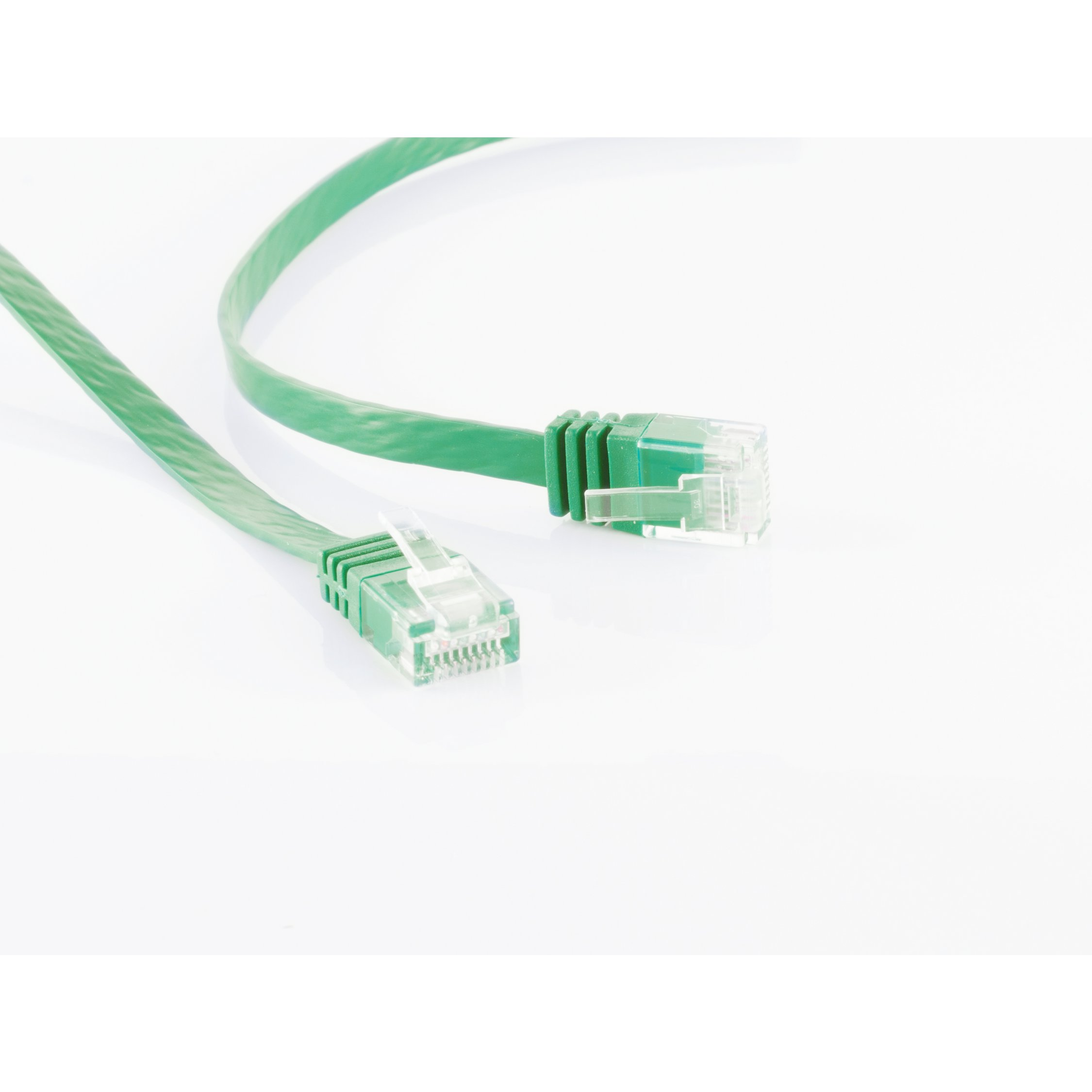 Due cavi ethernet verdi con connettori trasparenti, su sfondo bianco.