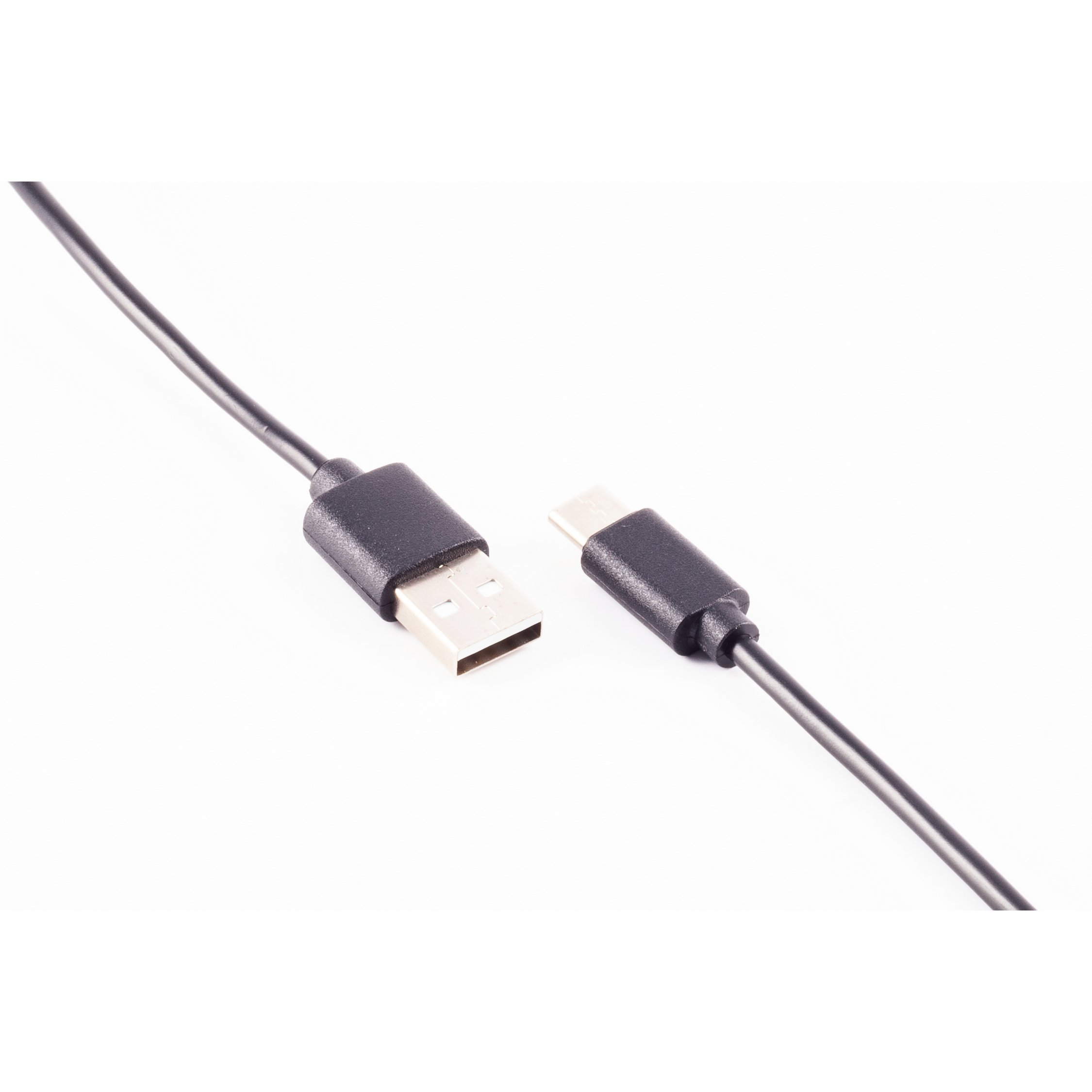 Cavo nero da USB a USB-C su sfondo bianco. Connettori USB e USB-C visibili.