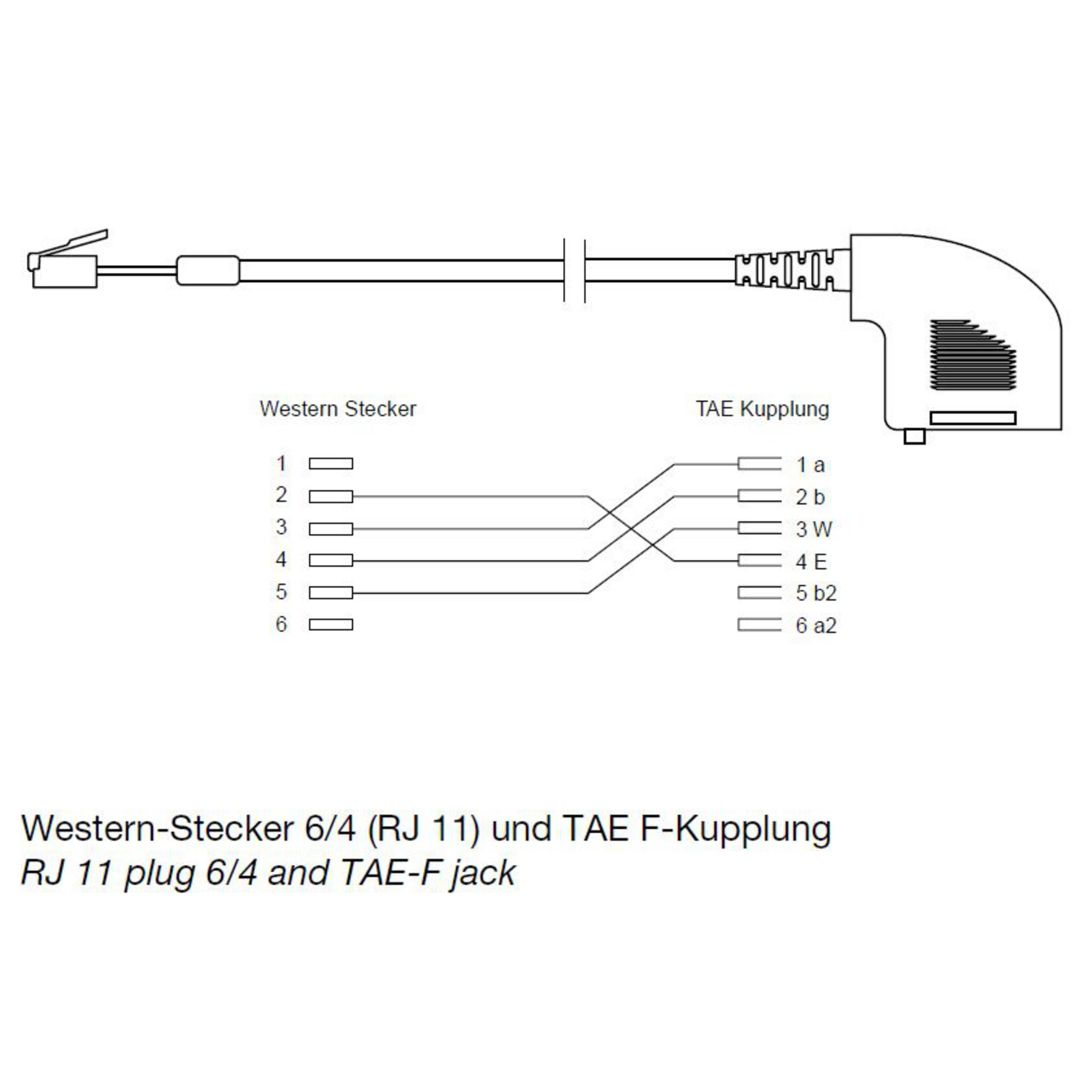 Ein Diagramm eines Western-Stecker 6/4 (RJ 11) und TAE F-Kupplung RJ 11 Stecker 6/4 und TAE-F Buchse.
